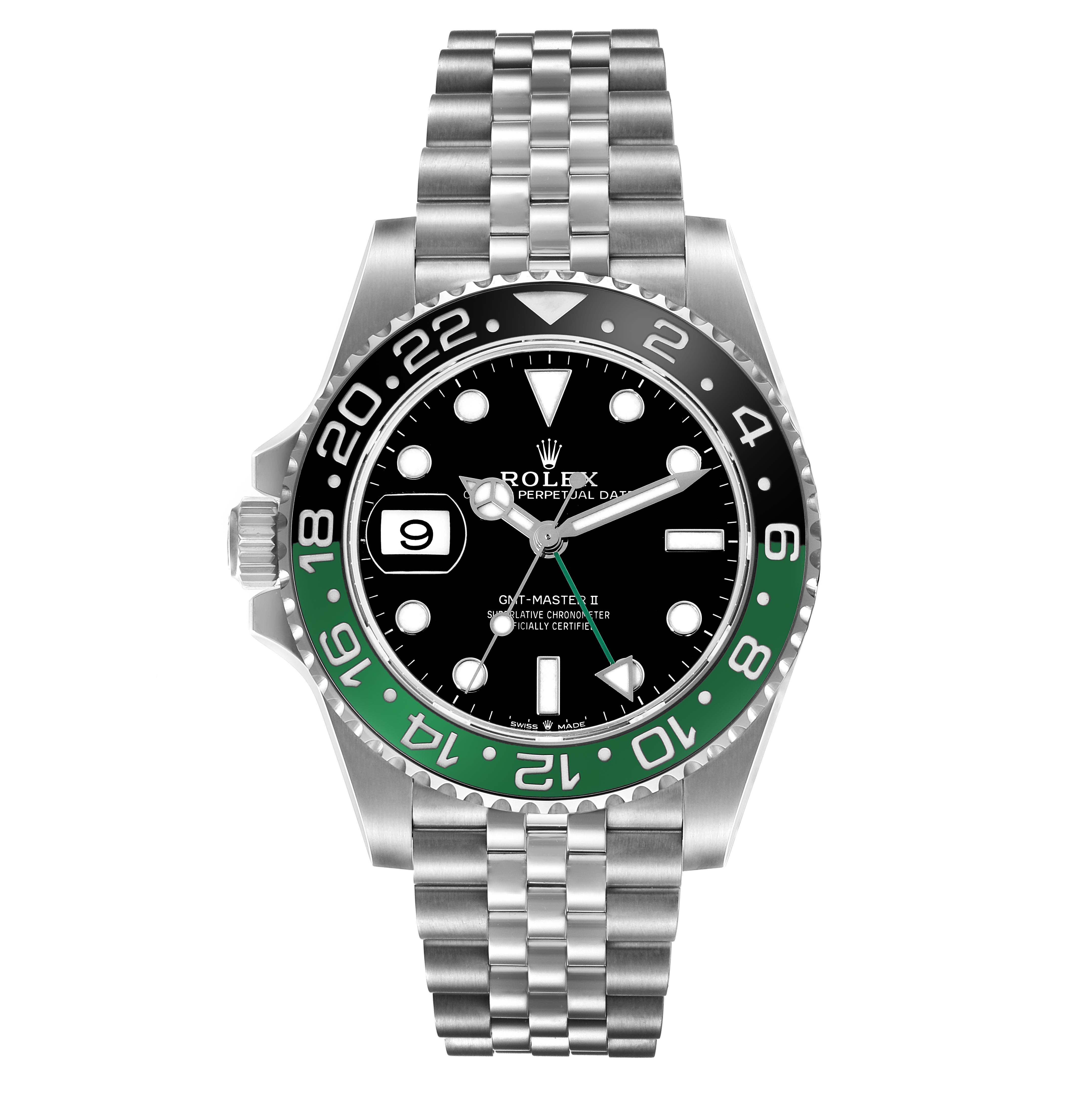 The image shows a front view of a Rolex GMT-Master 126720VTNR-0001 Men
s Stainless Steel Black Dial 126720VTNR-0001 Men
s Stainless Steel Black Dial watch, displaying its face, bezel, case, and bracelet.