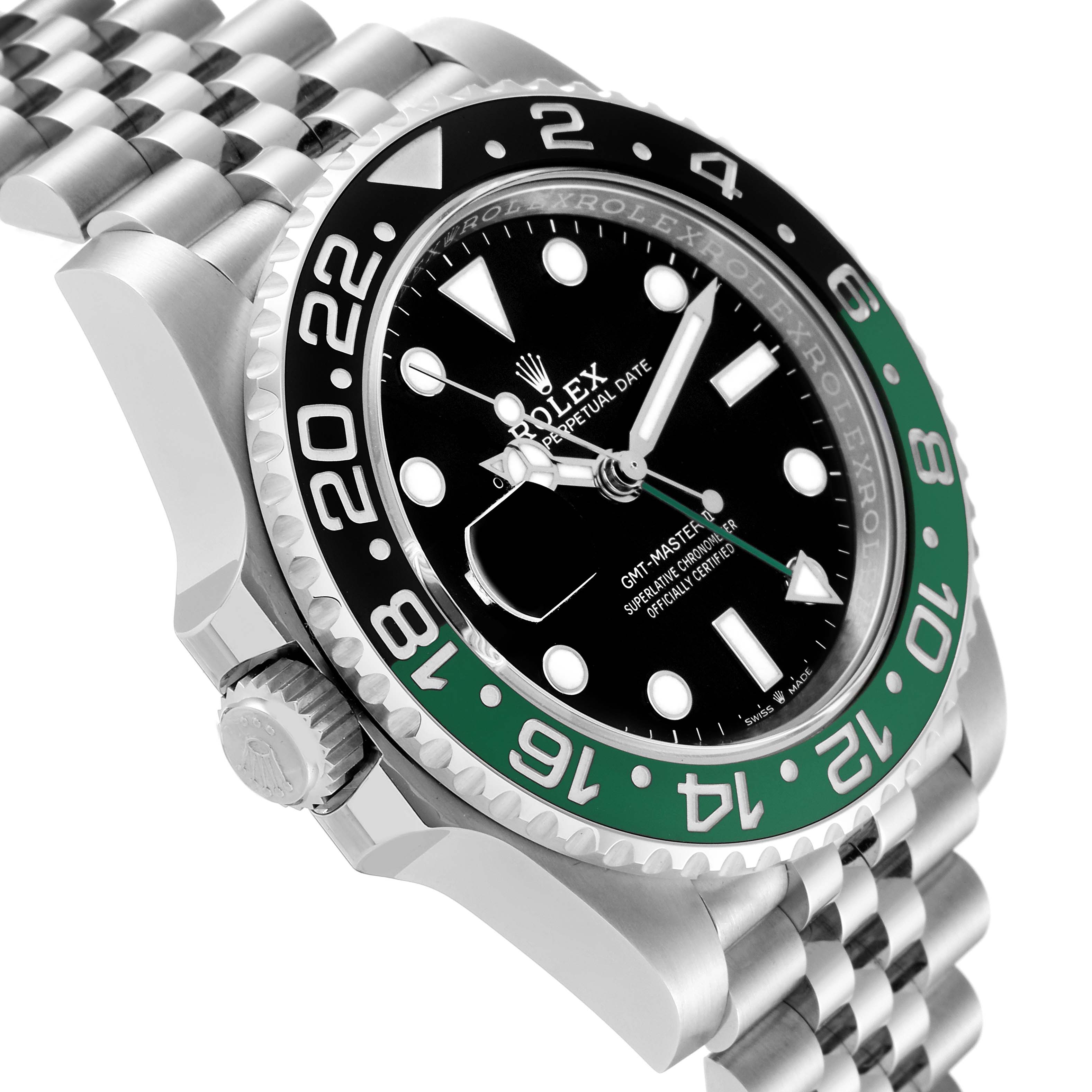 The image shows a close-up side-angle of a Rolex GMT-Master 126720VTNR-0001 Men
s Stainless Steel Black Dial 126720VTNR-0001 Men
s Stainless Steel Black Dial watch, highlighting the bezel, crown, and part of the bracelet.