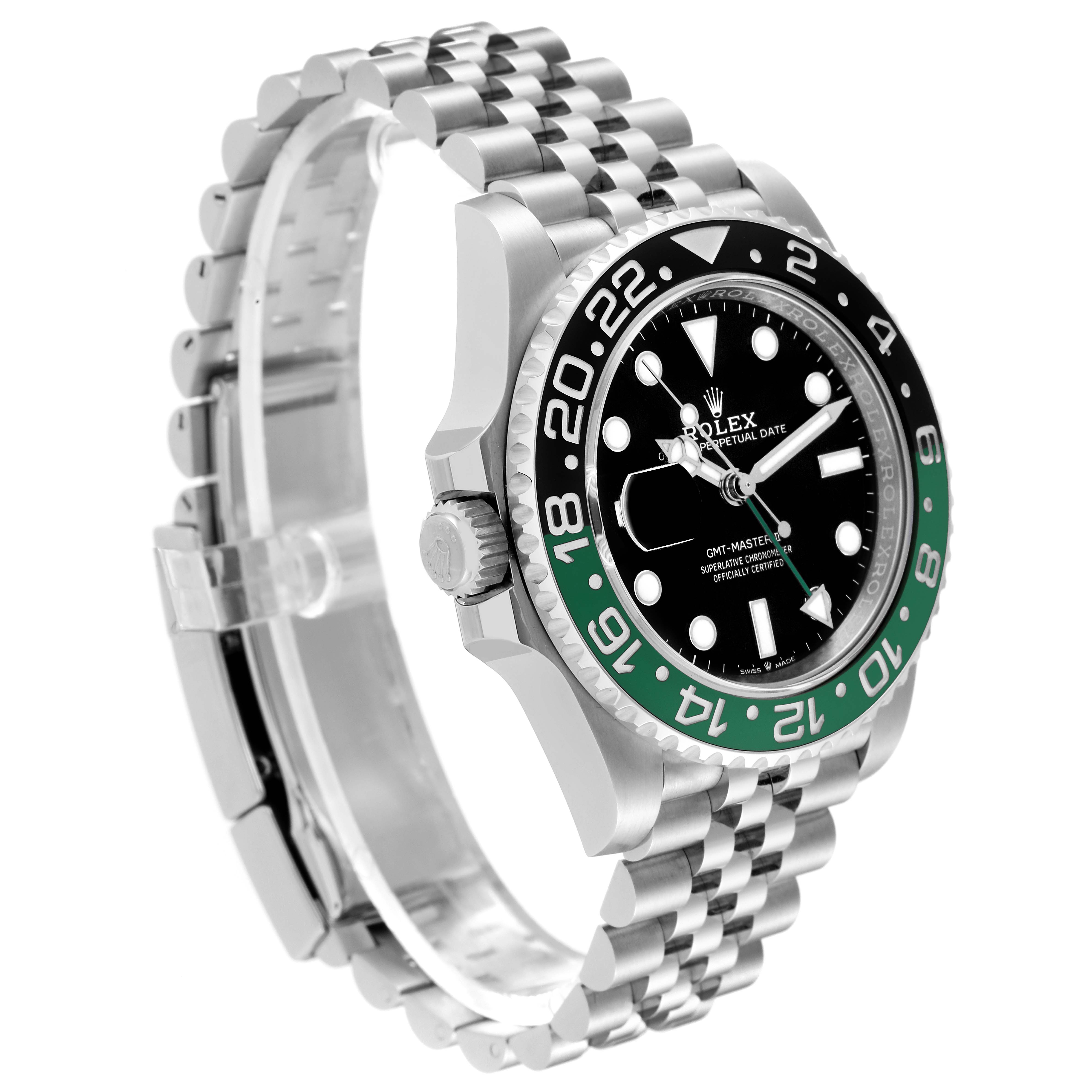 The image shows a Rolex GMT-Master 126720VTNR-0001 Men
s Stainless Steel Black Dial 126720VTNR-0001 Men
s Stainless Steel Black Dial watch at a three-quarter angle, highlighting its bezel, crown, and jubilee bracelet.