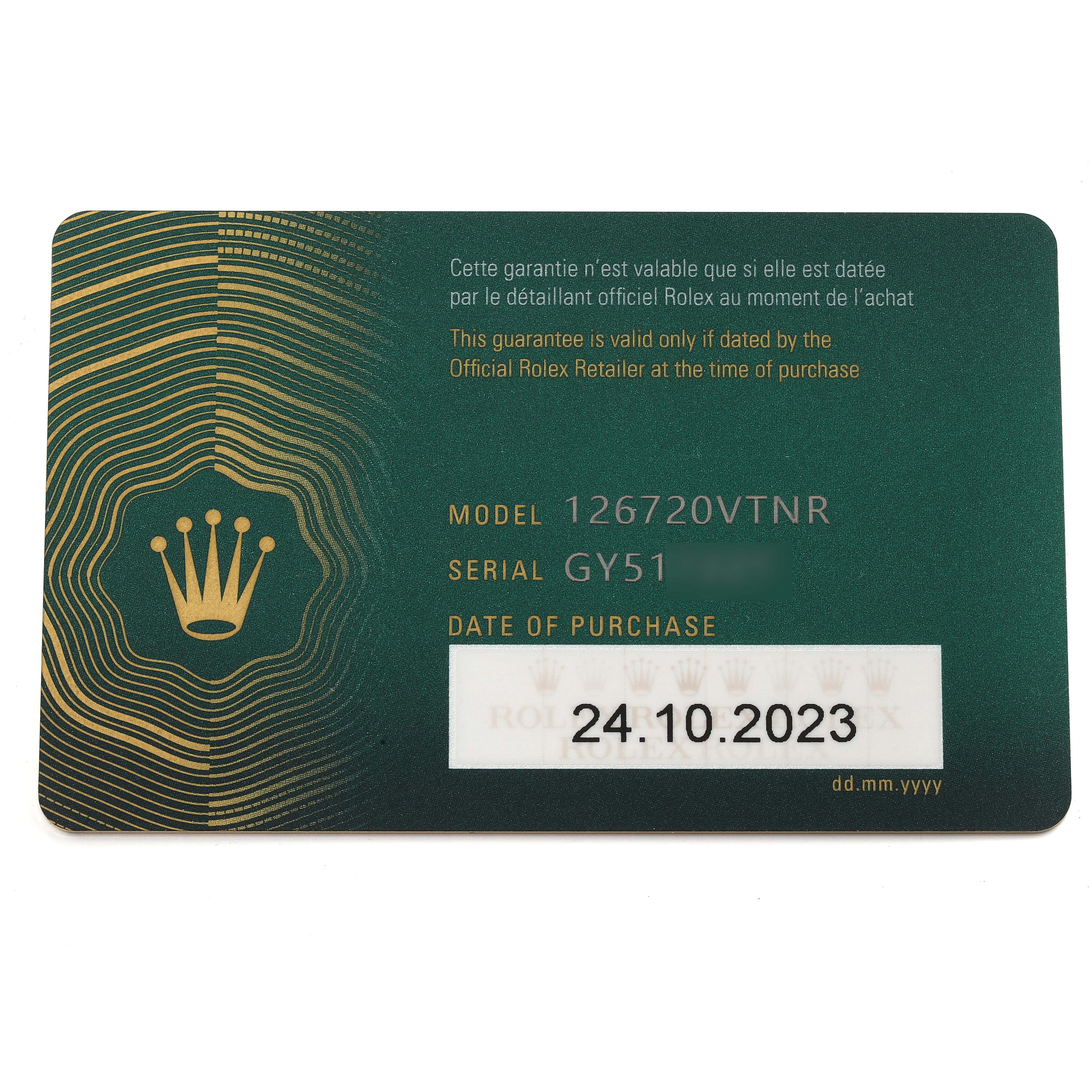 This image shows the warranty card for a Rolex GMT-Master 126720VTNR-0001 Men
s Stainless Steel Black Dial 126720VTNR-0001 Men
s Stainless Steel Black Dial model 126720VTNR with serial number GY51.