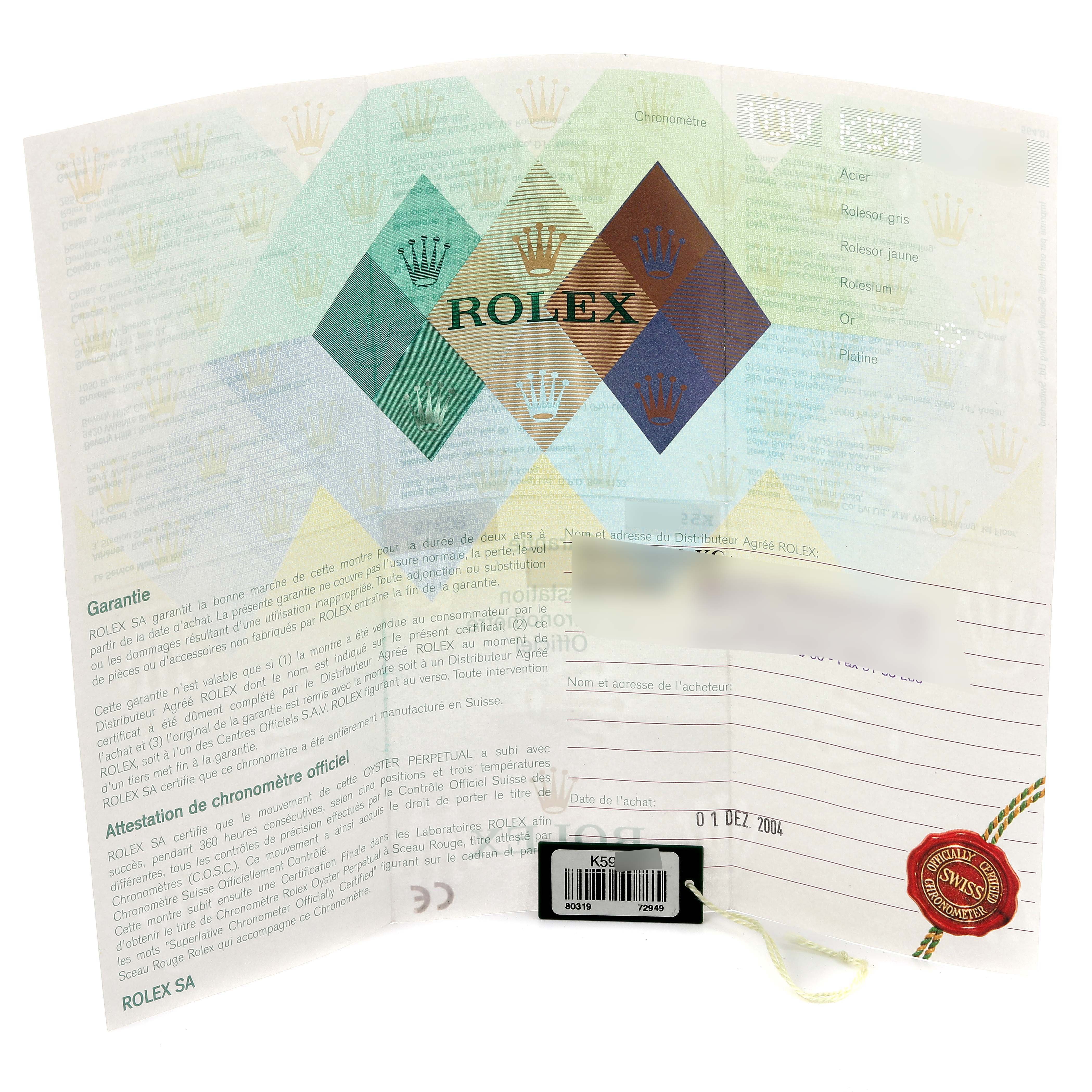 The image shows warranty papers and tags for the Rolex Pearlmaster 80319 Women's White Gold Blue Dial 80319 Women's White Gold Blue Dial watch.