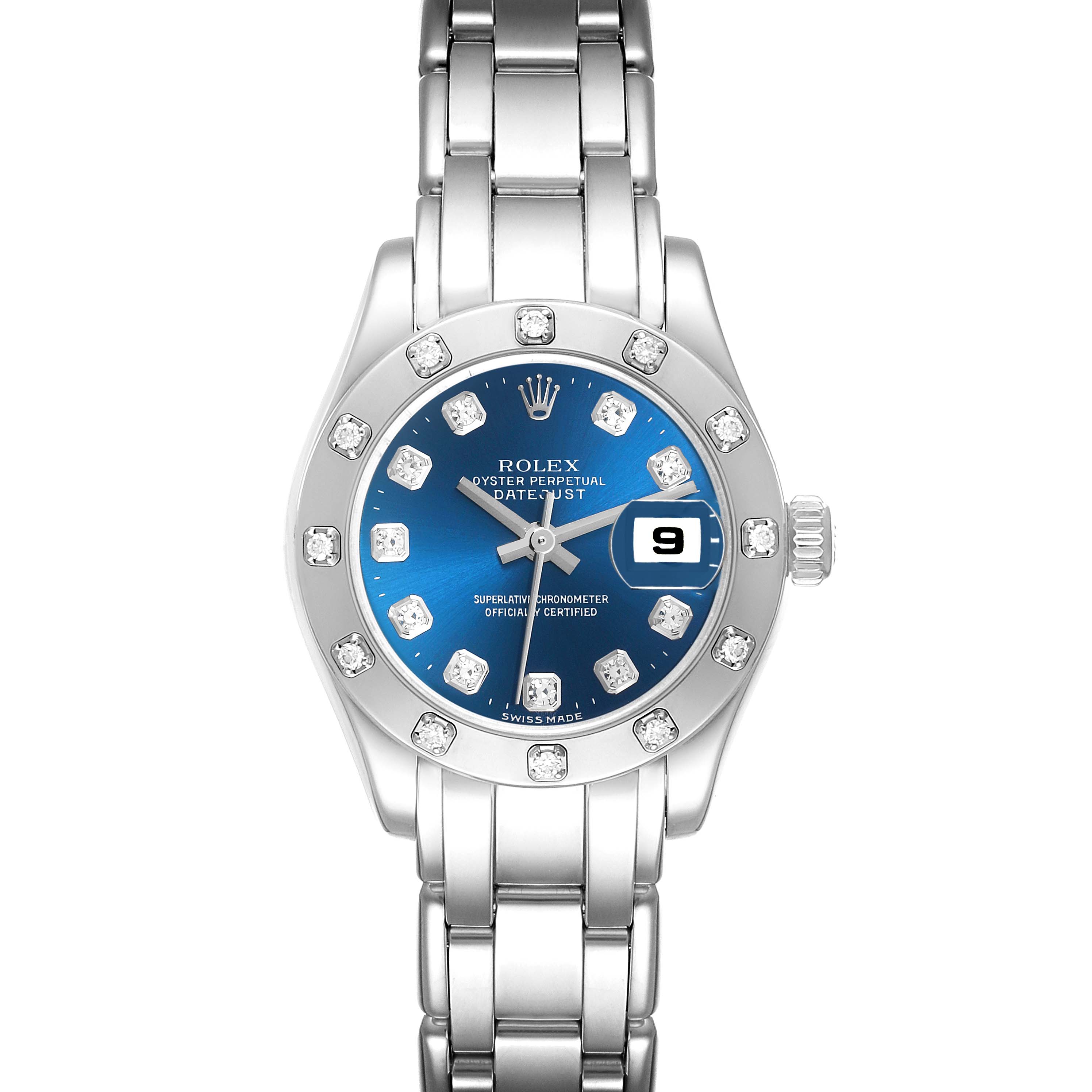 The Rolex Pearlmaster 80319 Women's White Gold Blue Dial 80319 Women's White Gold Blue Dial watch is shown from the front, displaying the dial, bracelet, and date function.
