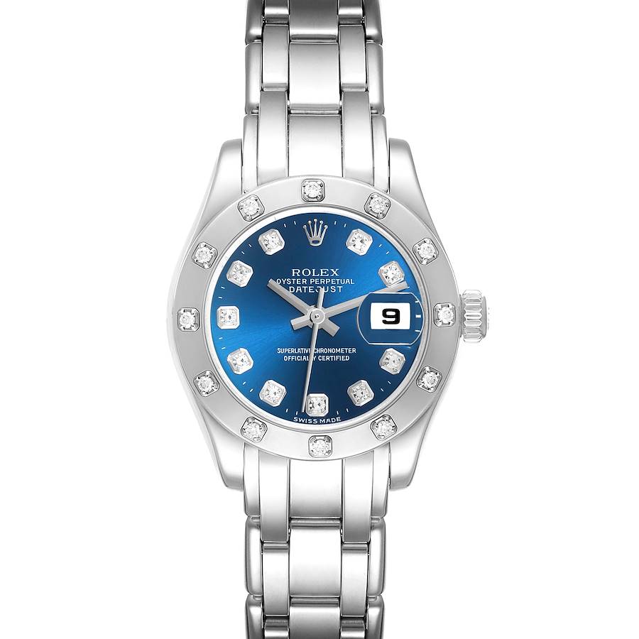 The Rolex Pearlmaster watch is shown from the front, displaying the dial, bracelet, and date function.