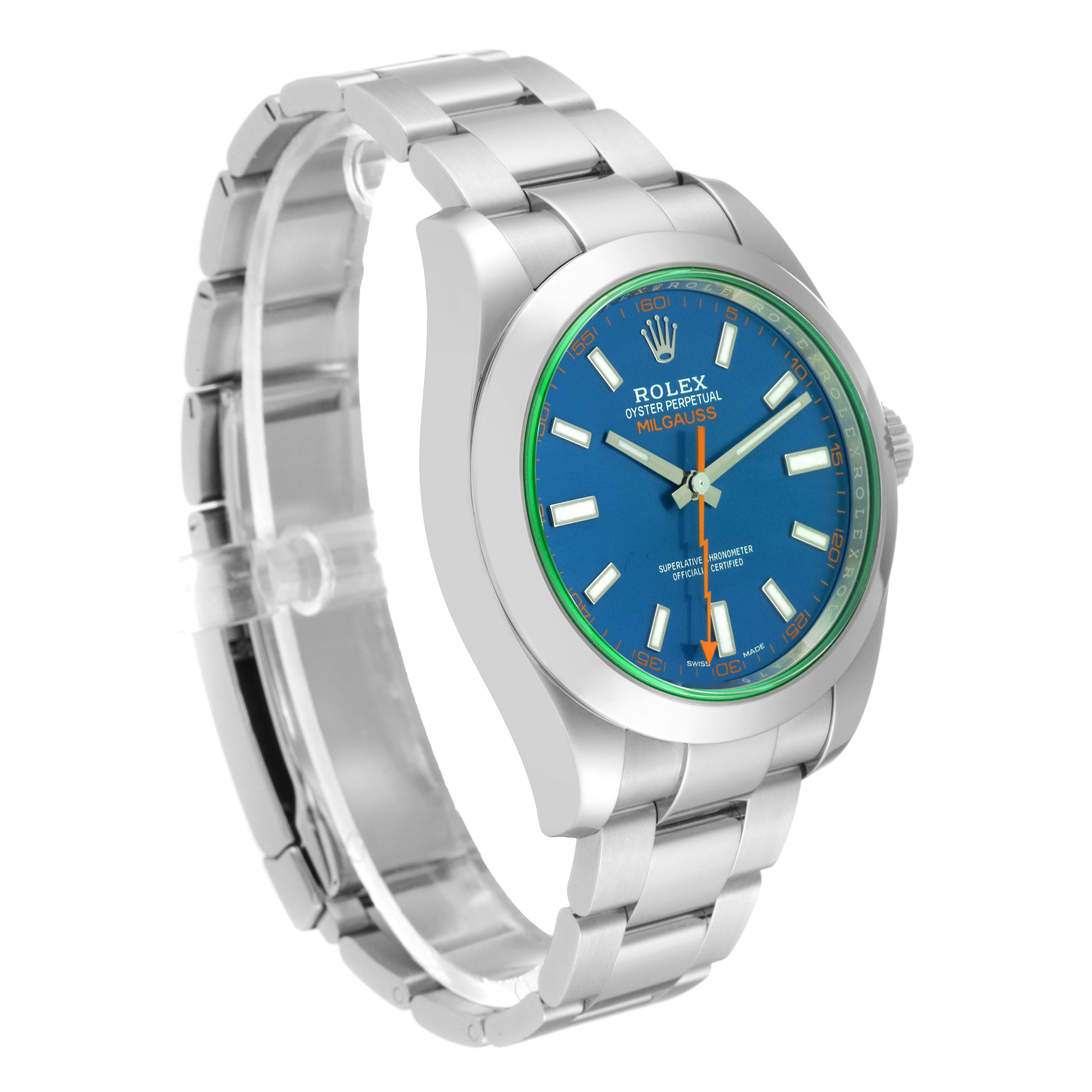 The Rolex Milgauss 116400GV Men's Stainless Steel Blue Dial 116400GV Men's Stainless Steel Blue Dial watch is shown at a slightly tilted side angle, highlighting its face, bracelet, and crown.