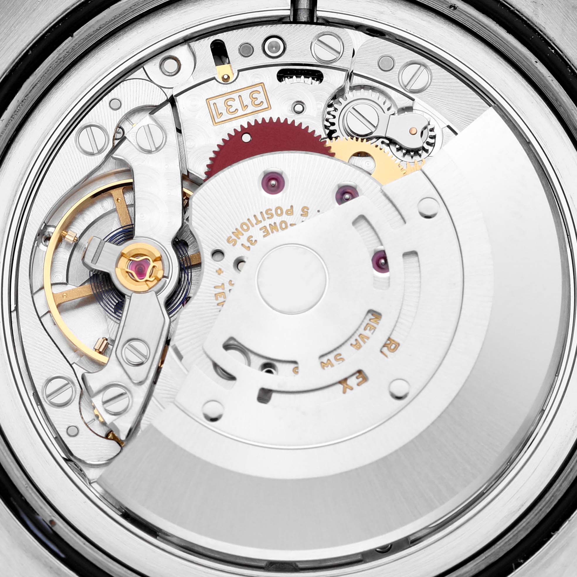 The image shows the internal movement mechanism of a Rolex Milgauss 116400GV Men's Stainless Steel Blue Dial 116400GV Men's Stainless Steel Blue Dial watch from a top-down angle.