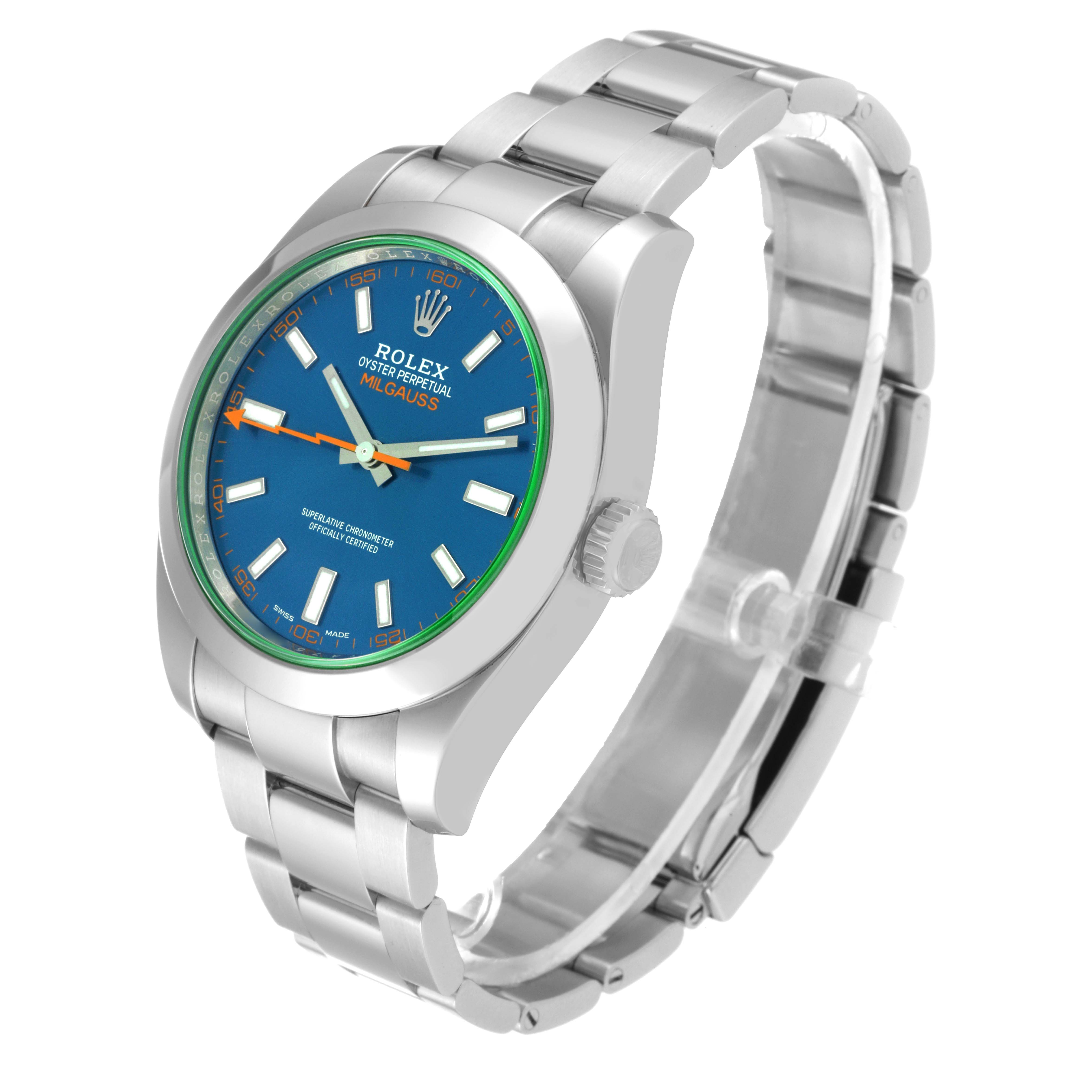 The Rolex Milgauss 116400GV Men's Stainless Steel Blue Dial 116400GV Men's Stainless Steel Blue Dial watch is shown from an angled side view, highlighting the face, crown, and metal bracelet.