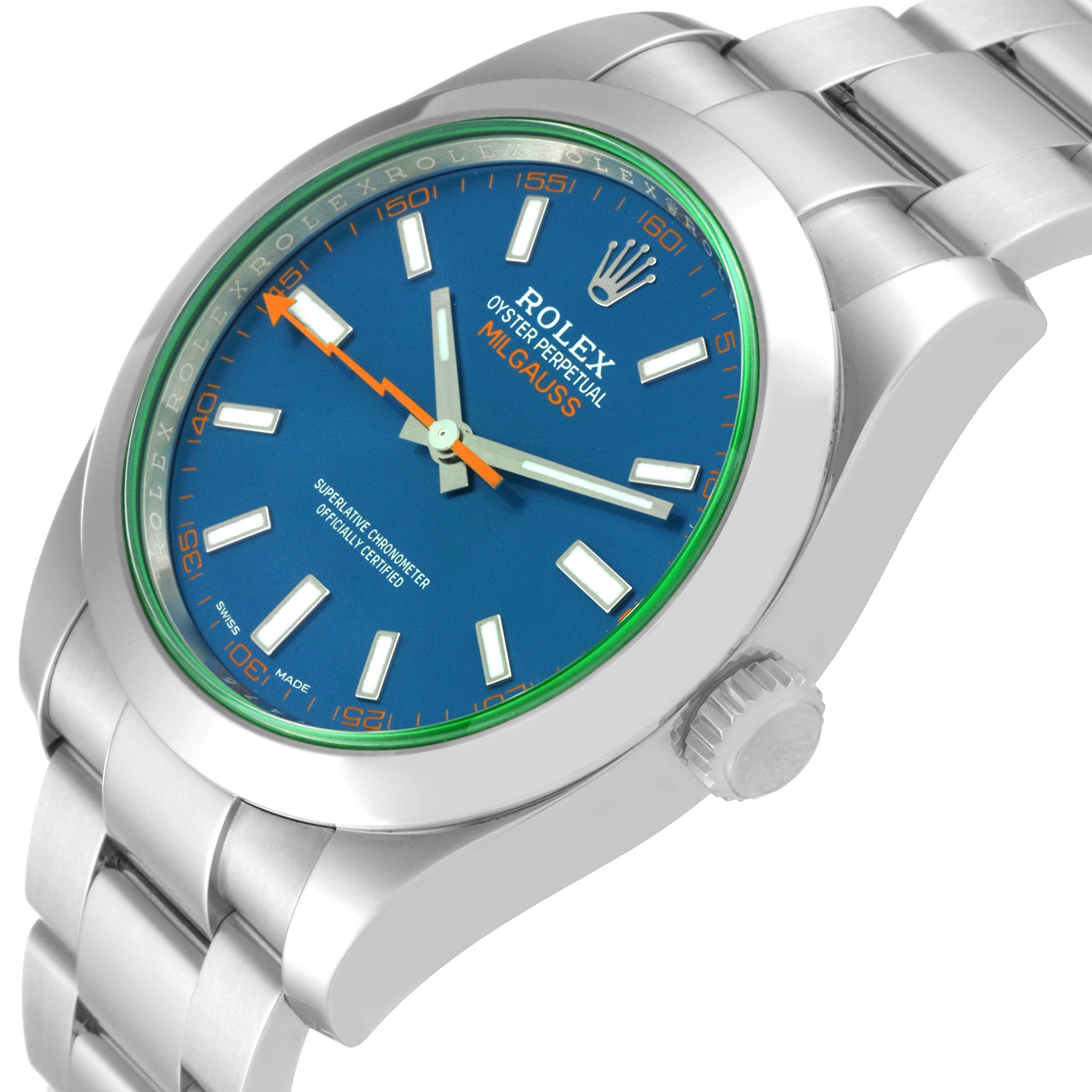 This image shows a Rolex Milgauss 116400GV Men's Stainless Steel Blue Dial 116400GV Men's Stainless Steel Blue Dial watch from an angled side view, highlighting its face, crown, and bracelet.