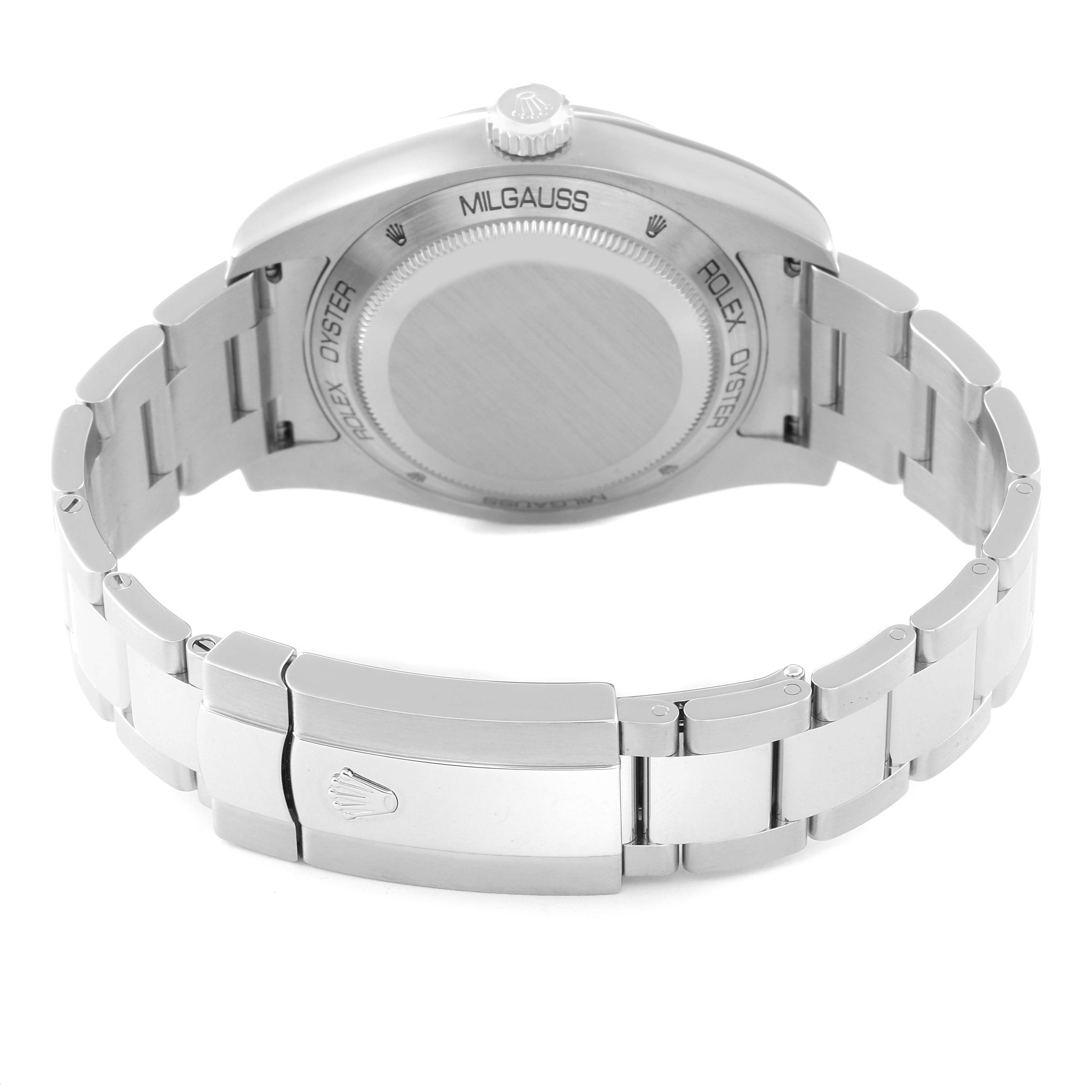 The image shows the back view of the Rolex Milgauss 116400GV Men's Stainless Steel Blue Dial 116400GV Men's Stainless Steel Blue Dial watch, highlighting its case back and bracelet with the clasp.