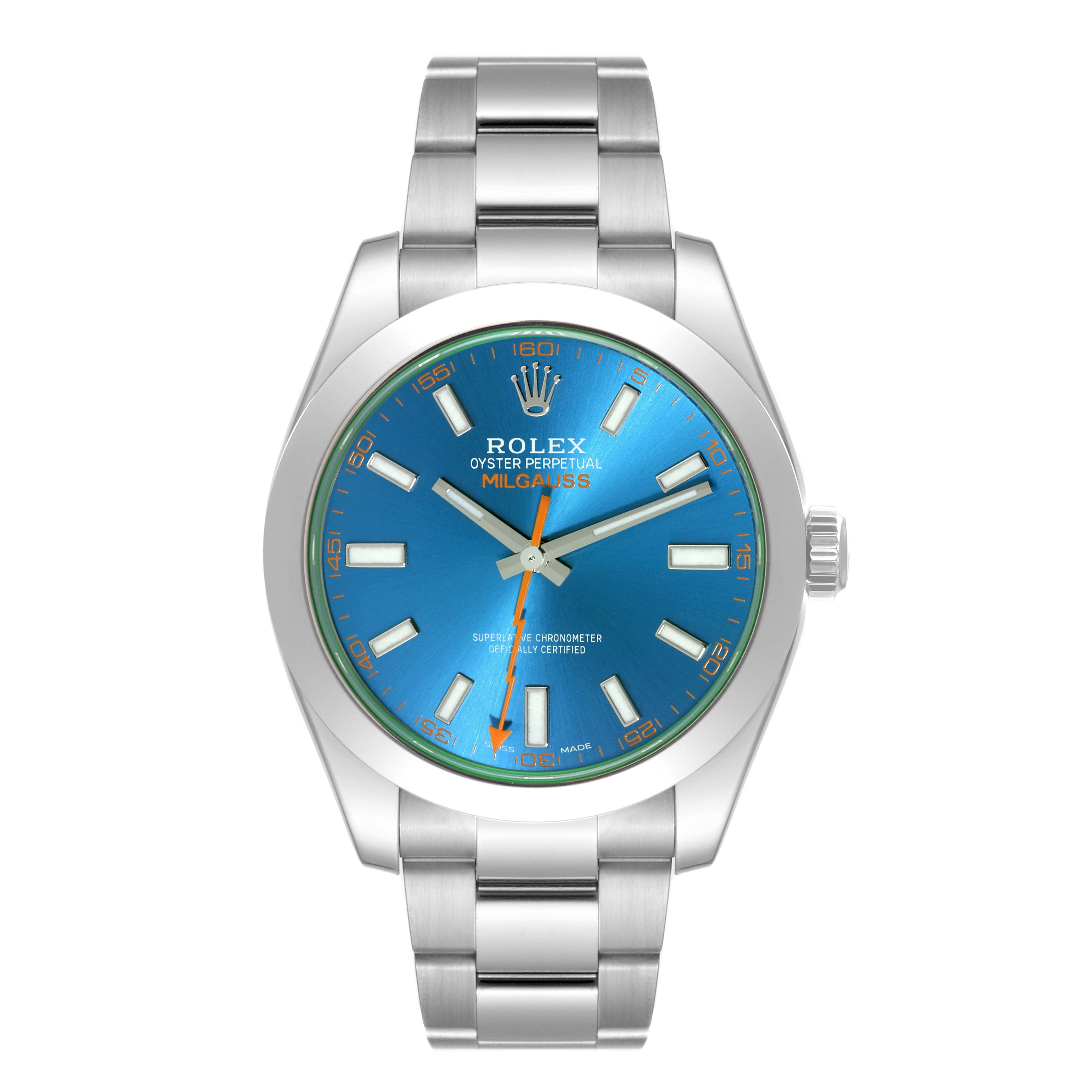 This image shows a front view of the dial and bracelet of a Rolex Milgauss 116400GV Men's Stainless Steel Blue Dial 116400GV Men's Stainless Steel Blue Dial watch.