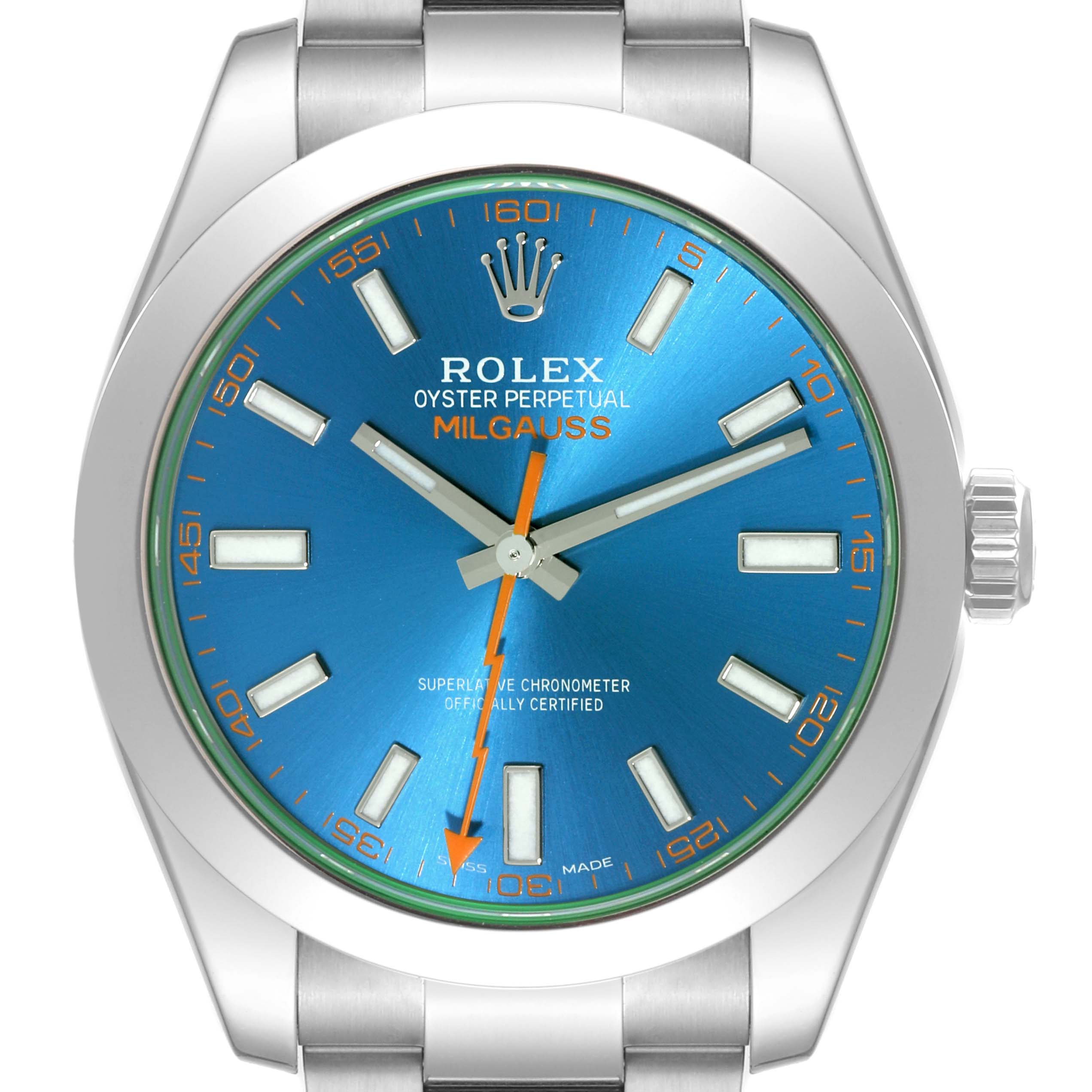 This image shows a close-up of the Rolex Milgauss 116400GV Men's Stainless Steel Blue Dial 116400GV Men's Stainless Steel Blue Dial watch face, including the dial, markers, hands, and crown.