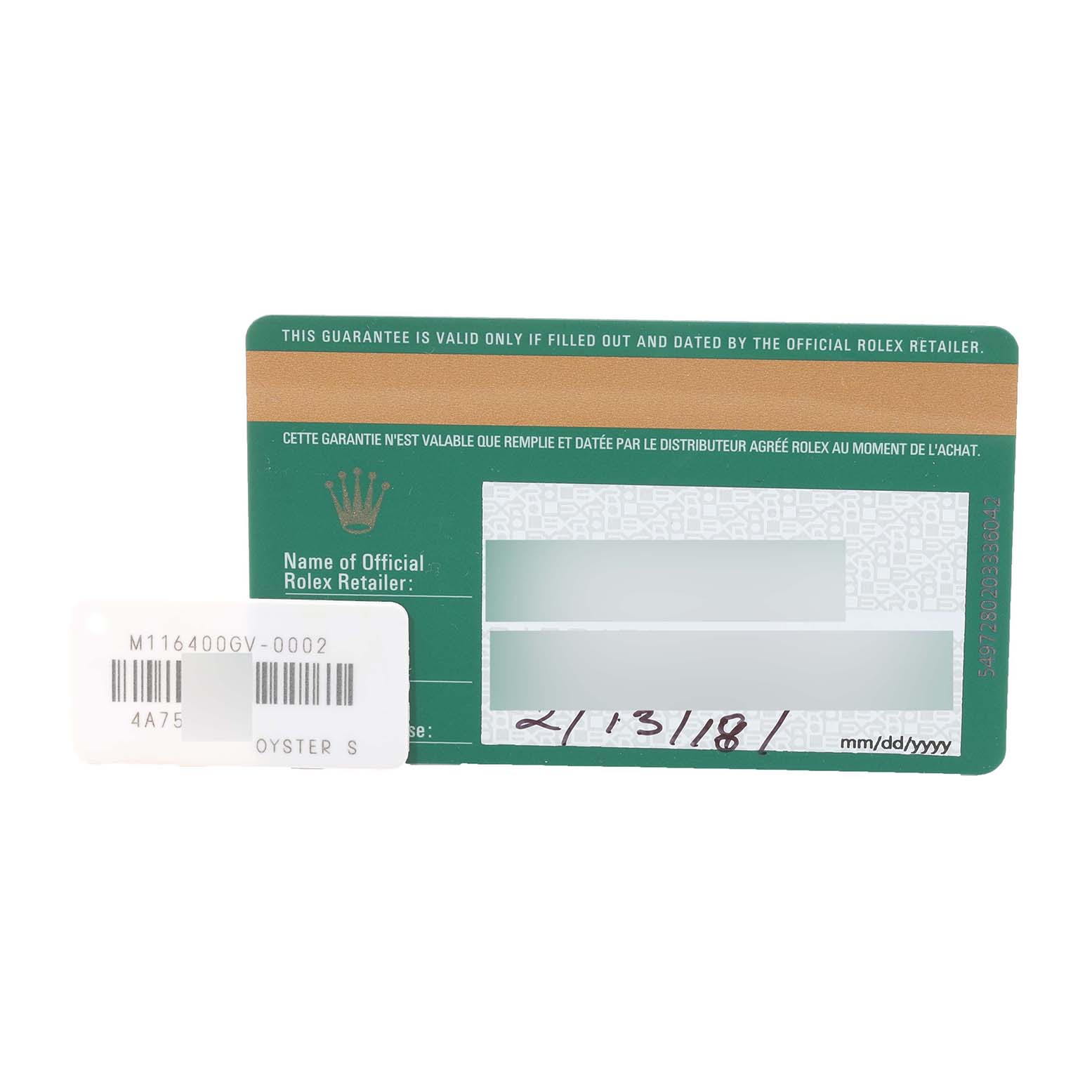 The image shows the warranty card and a tag for the Rolex Milgauss 116400GV Men's Stainless Steel Blue Dial 116400GV Men's Stainless Steel Blue Dial model, providing identification and purchase details.