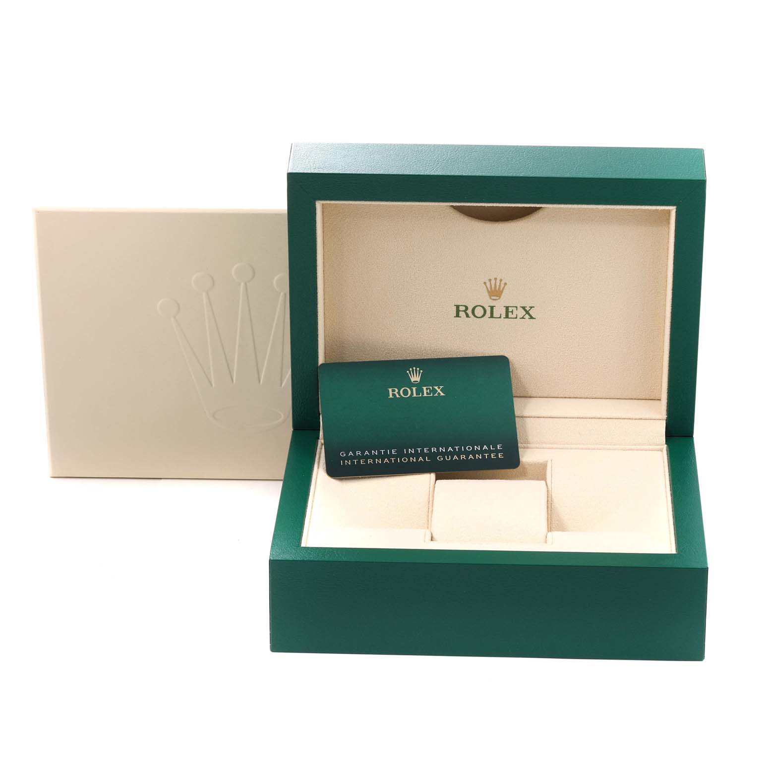 The image shows an open Rolex Oyster Perpetual 124300 Men
s Stainless Steel Green Dial 124300 Men
s Stainless Steel Green Dial box with a guarantee card inside.