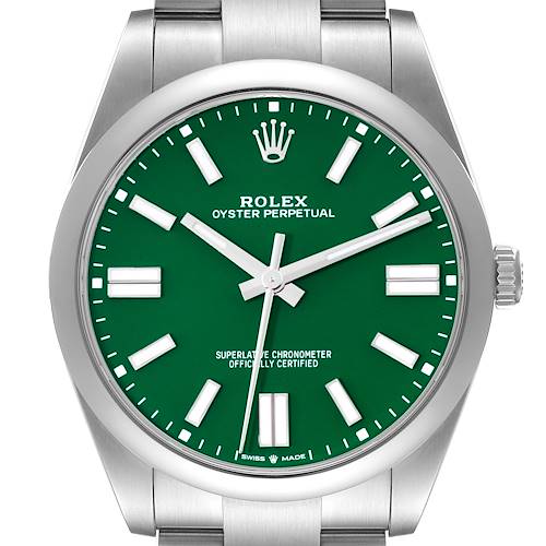 Photo of Rolex Oyster Perpetual 41mm Green Dial Steel Mens Watch 124300 Box Card
