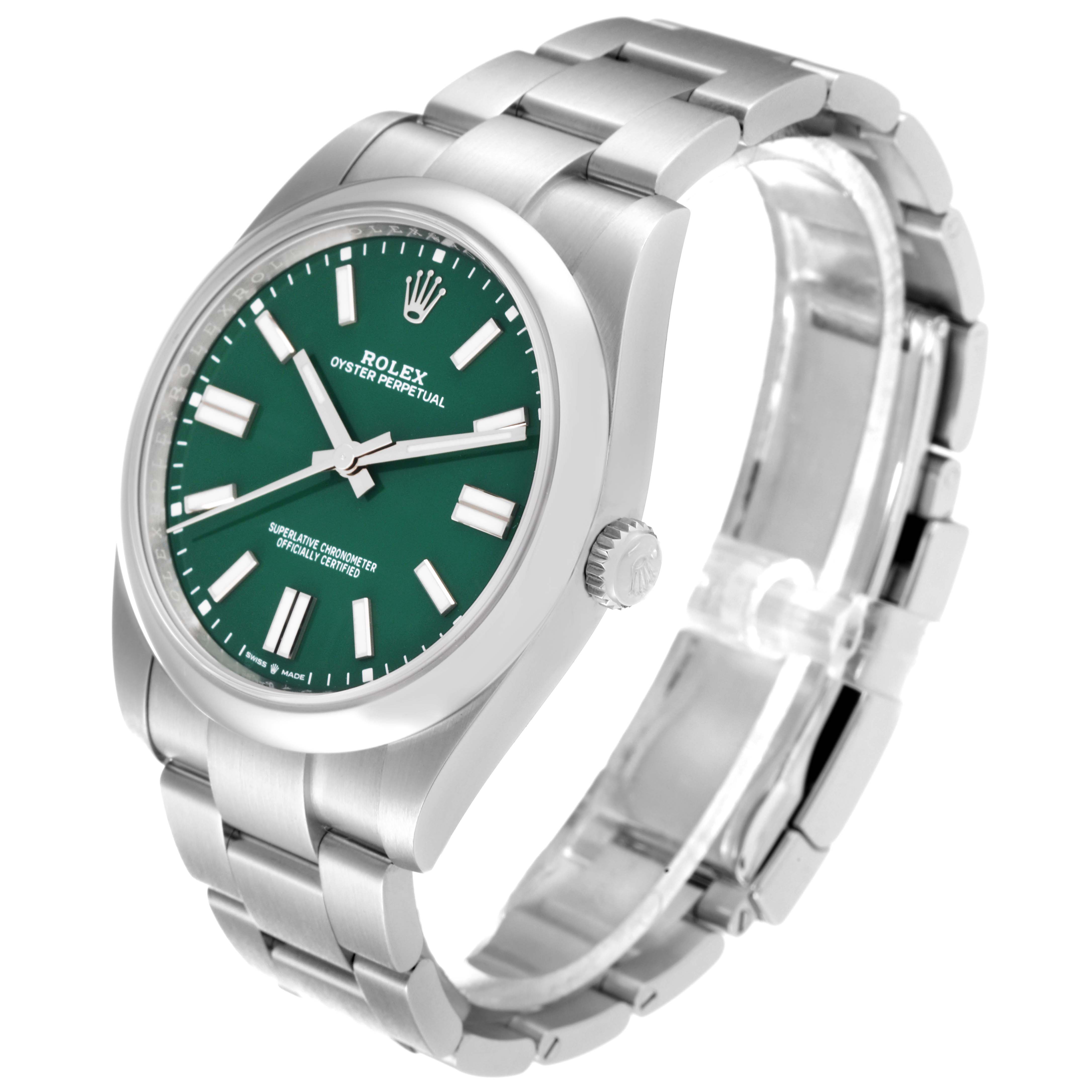 This image shows a side-angle view of the Rolex Oyster Perpetual 124300 Men
s Stainless Steel Green Dial 124300 Men
s Stainless Steel Green Dial watch, highlighting its green dial, bracelet, and crown.