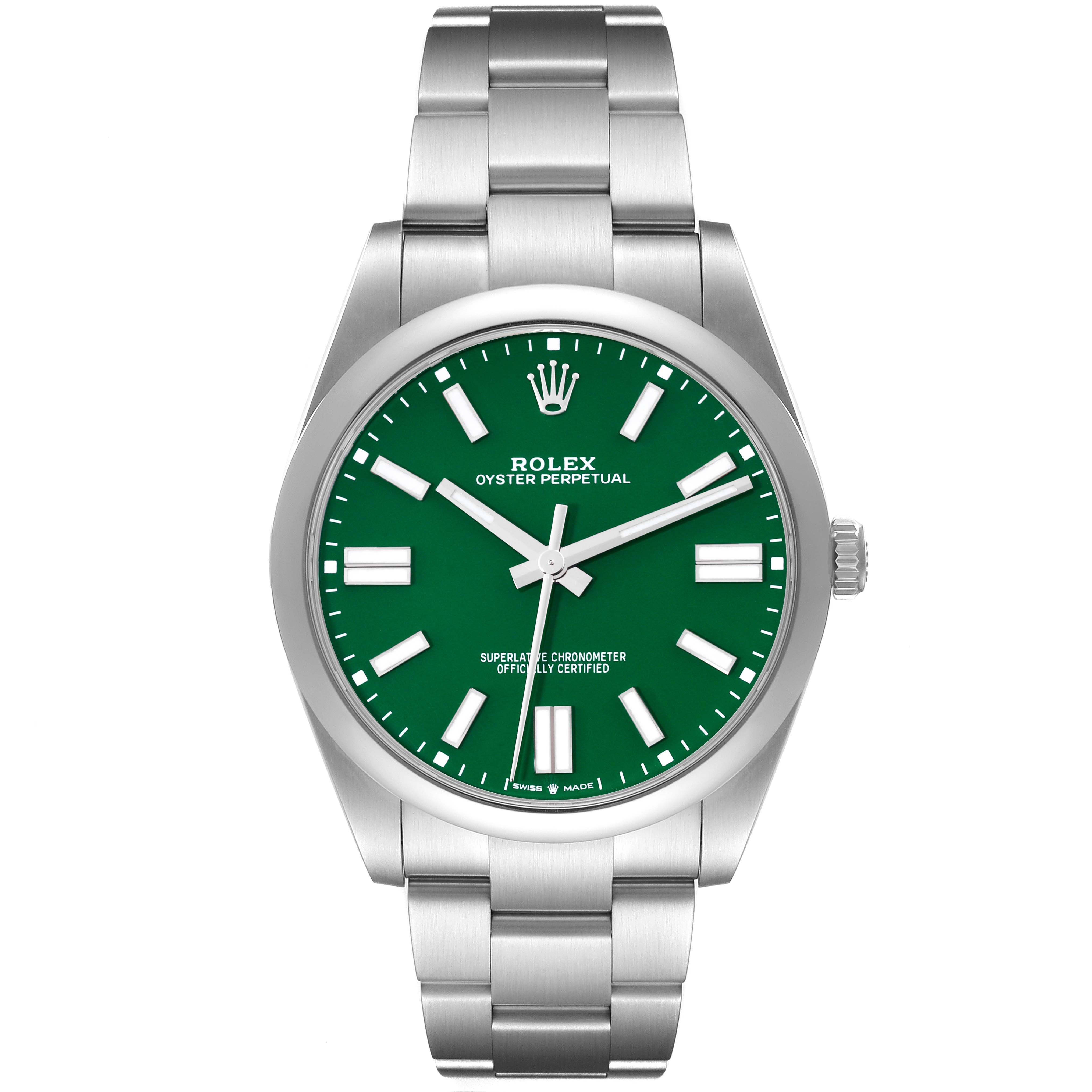 This image shows a front view of a Rolex Oyster Perpetual 124300 Men
s Stainless Steel Green Dial 124300 Men
s Stainless Steel Green Dial watch with a green dial and stainless steel bracelet.