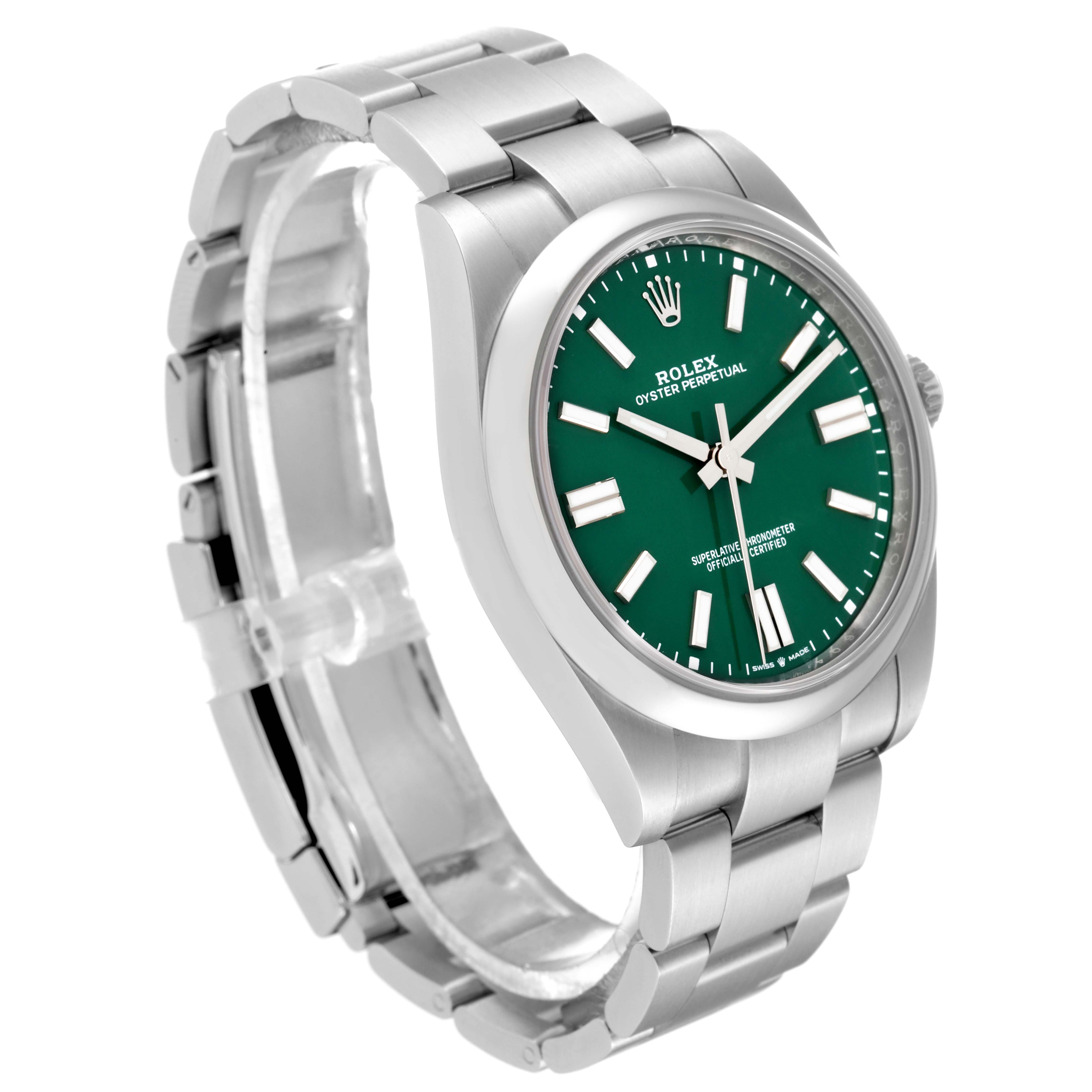 This is a Rolex Oyster Perpetual 124300 Men
s Stainless Steel Green Dial 124300 Men
s Stainless Steel Green Dial watch shown at a three-quarter angle, highlighting the bracelet, case, and green dial.