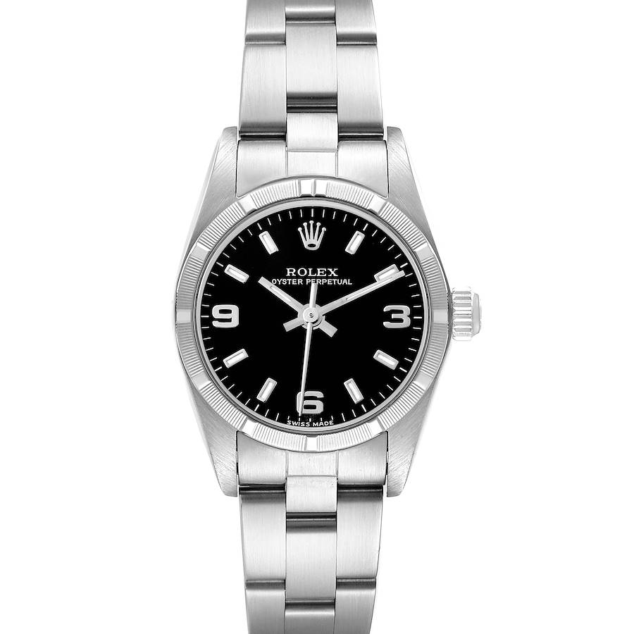 The Rolex Oyster Perpetual watch is shown from a front angle, displaying the dial, bezel, and bracelet.