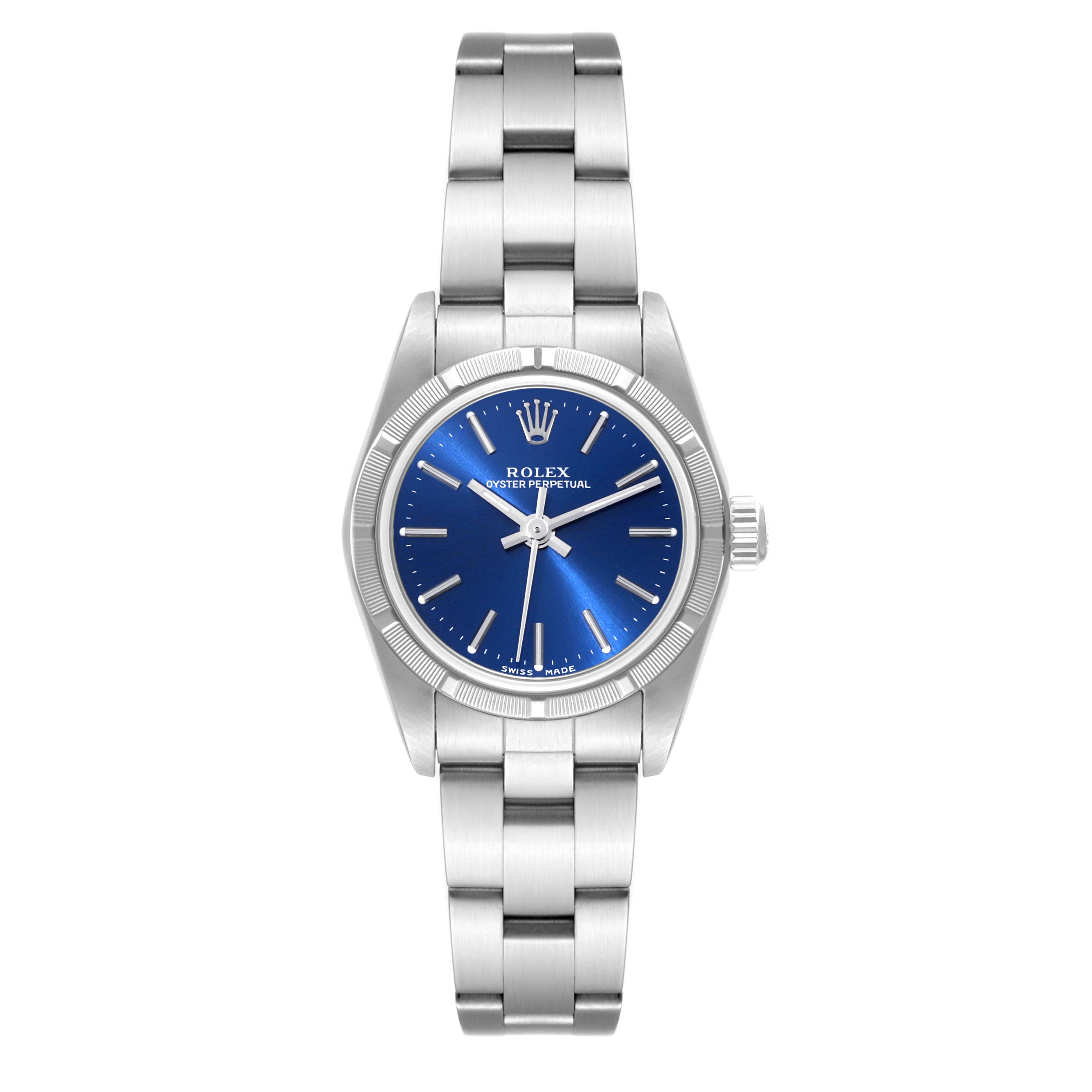 The image shows a front view of a Rolex Oyster Perpetual 76030 Women's Stainless Steel Blue Dial 76030 Women's Stainless Steel Blue Dial watch displaying its blue dial, hour markers, and metal bracelet.