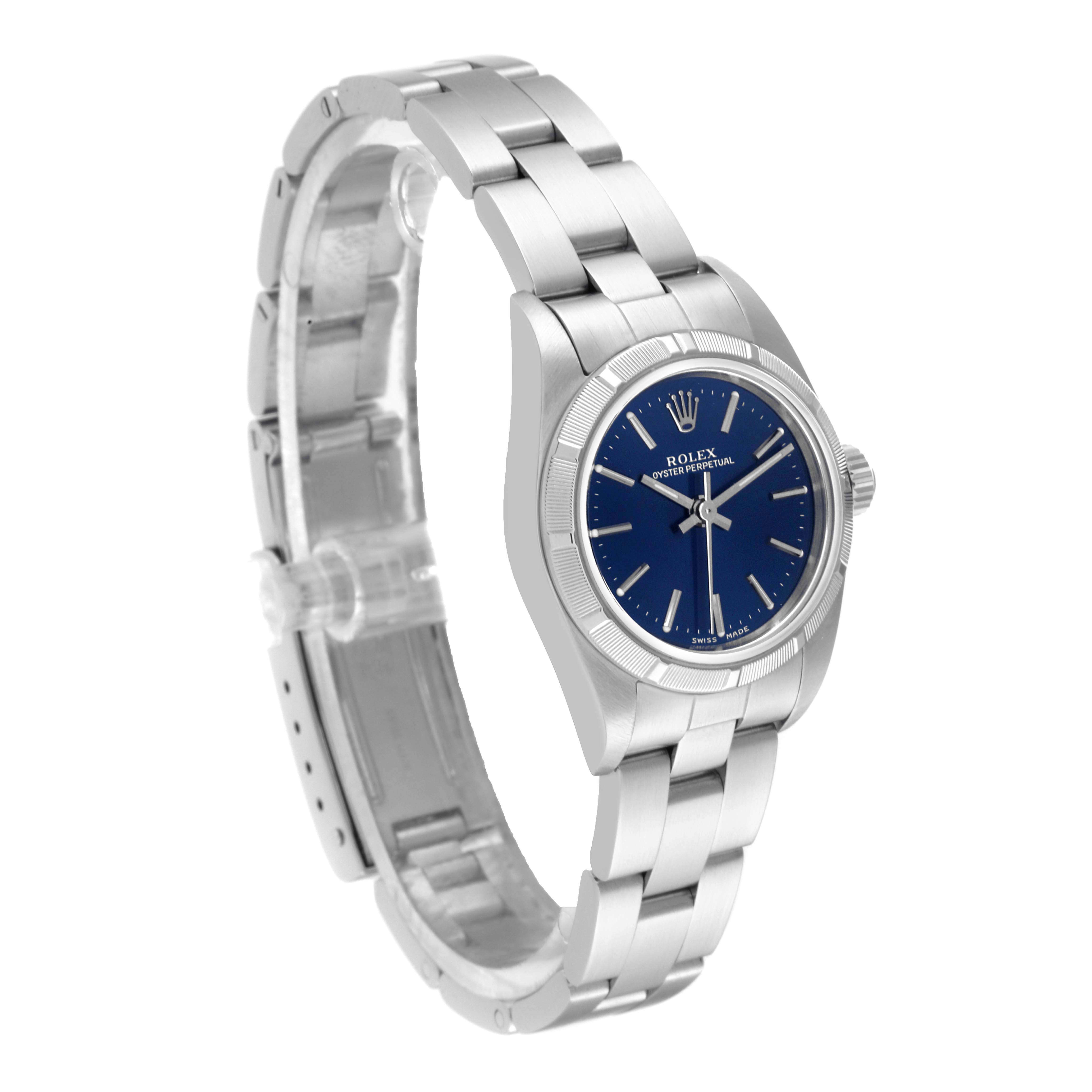 The image shows a Rolex Oyster Perpetual 76030 Women's Stainless Steel Blue Dial 76030 Women's Stainless Steel Blue Dial watch at a slight angle, highlighting its blue dial and stainless steel bracelet.