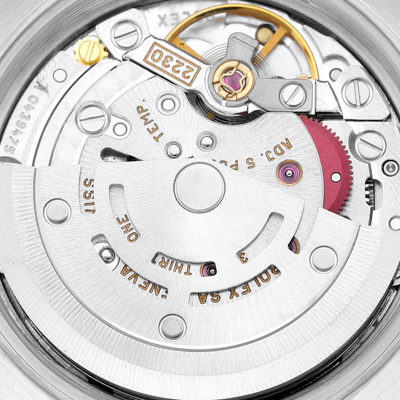 This image shows a close-up of the movement and internal mechanism of a Rolex Oyster Perpetual 76030 Women's Stainless Steel Blue Dial 76030 Women's Stainless Steel Blue Dial watch.