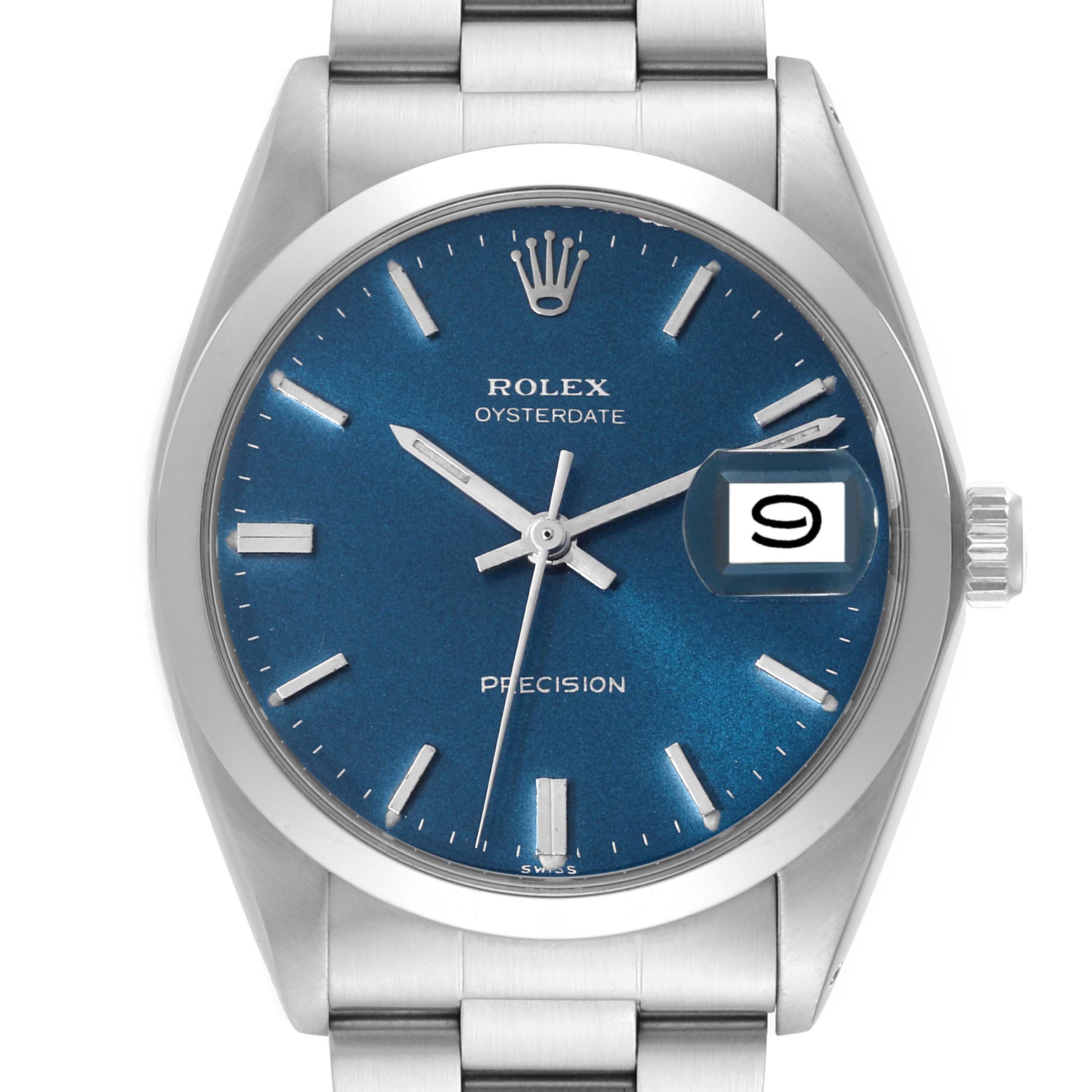 The image shows a front view of the Rolex Vintage Collection 6694 Men's Stainless Steel Blue Dial 6694 Men's Stainless Steel Blue Dial model Oysterdate watch, displaying the dial, hands, and date window.