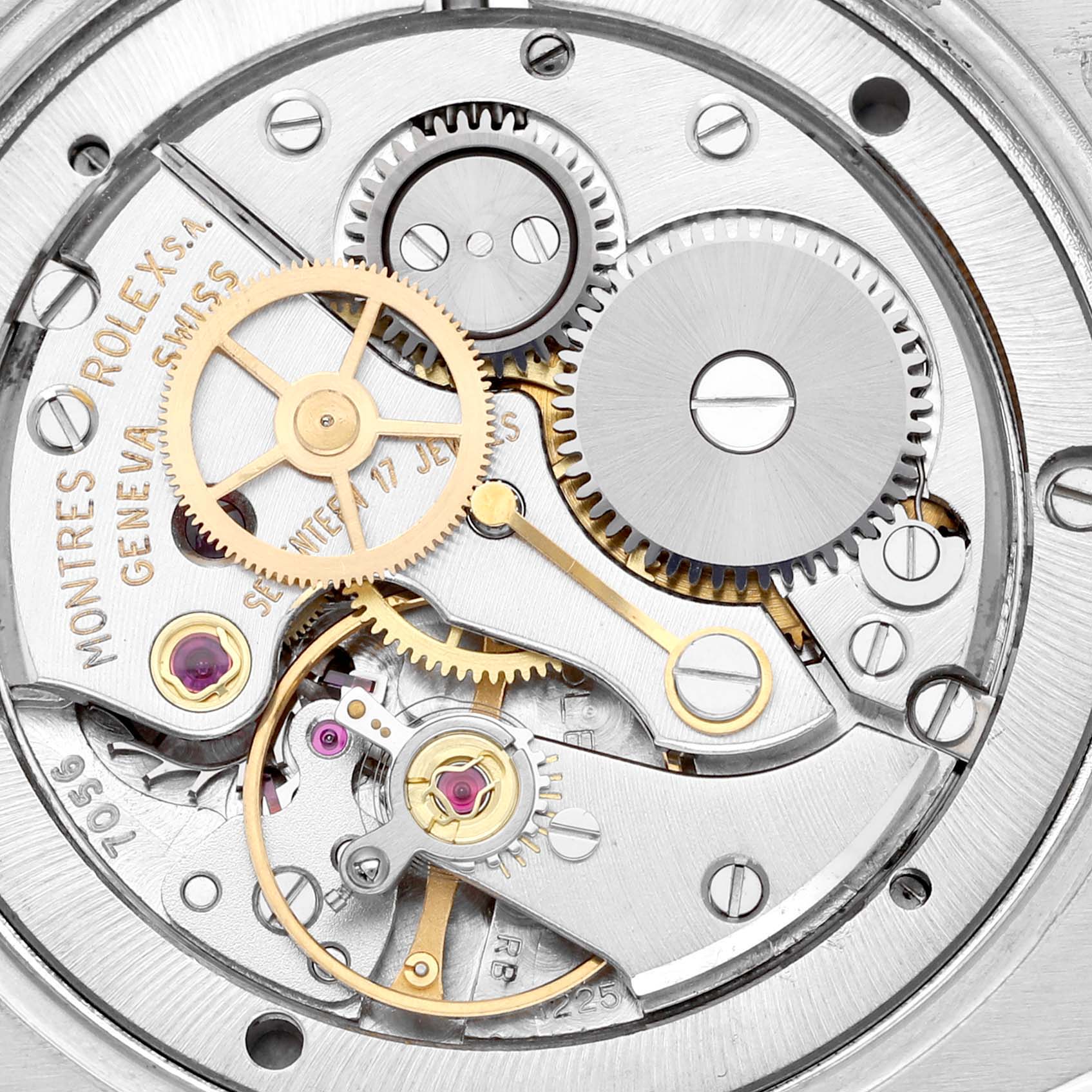 This image shows the internal mechanism of the Rolex Vintage Collection 6694 Men's Stainless Steel Blue Dial 6694 Men's Stainless Steel Blue Dial watch, highlighting its gears and movement parts.