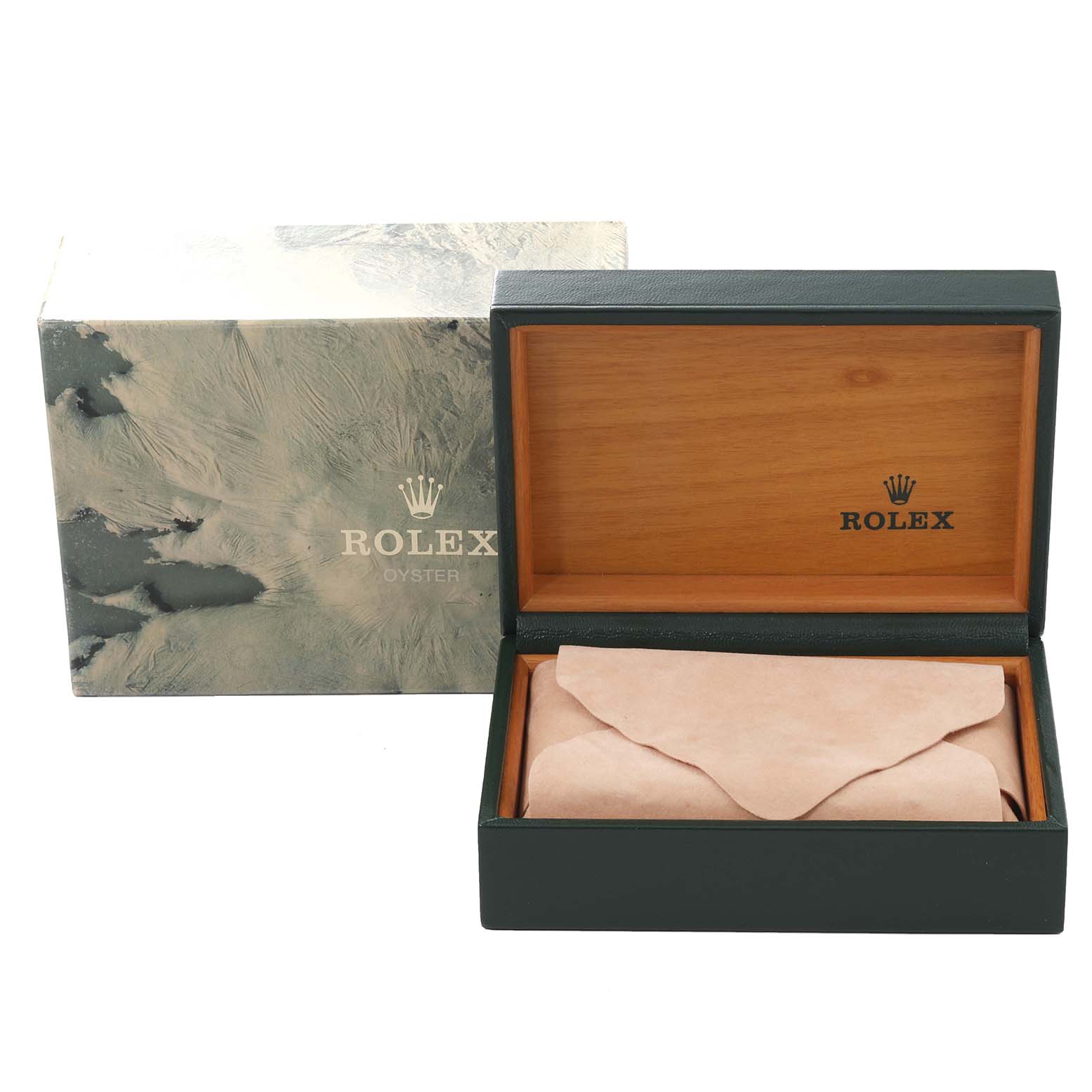 The image shows a Rolex Vintage Collection 6694 Men's Stainless Steel Blue Dial 6694 Men's Stainless Steel Blue Dial watch box open, revealing the cushioned interior and with an outer carrying case beside it.