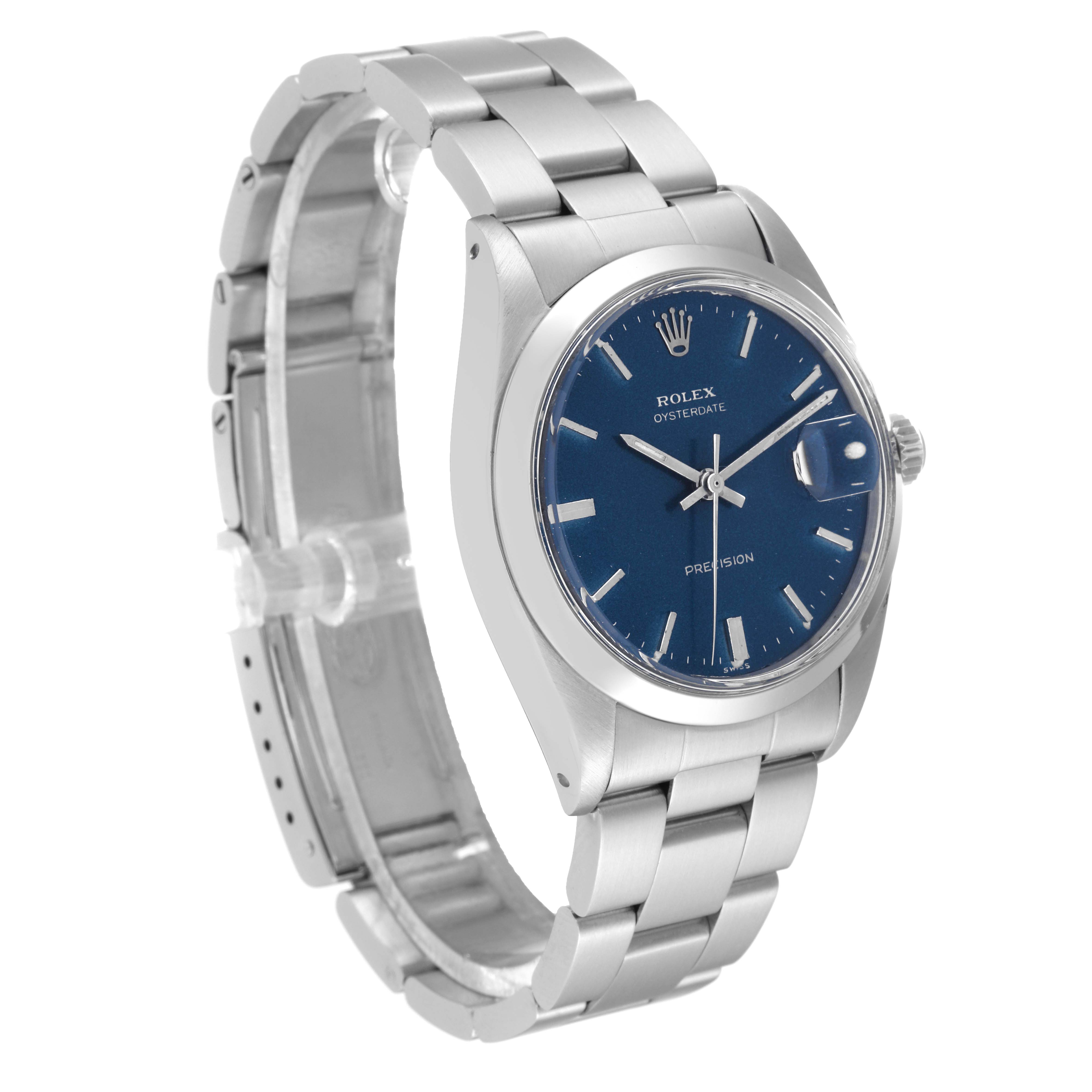 The Rolex Vintage Collection 6694 Men's Stainless Steel Blue Dial 6694 Men's Stainless Steel Blue Dial watch is shown at an angled side view, highlighting its blue dial and stainless steel bracelet.