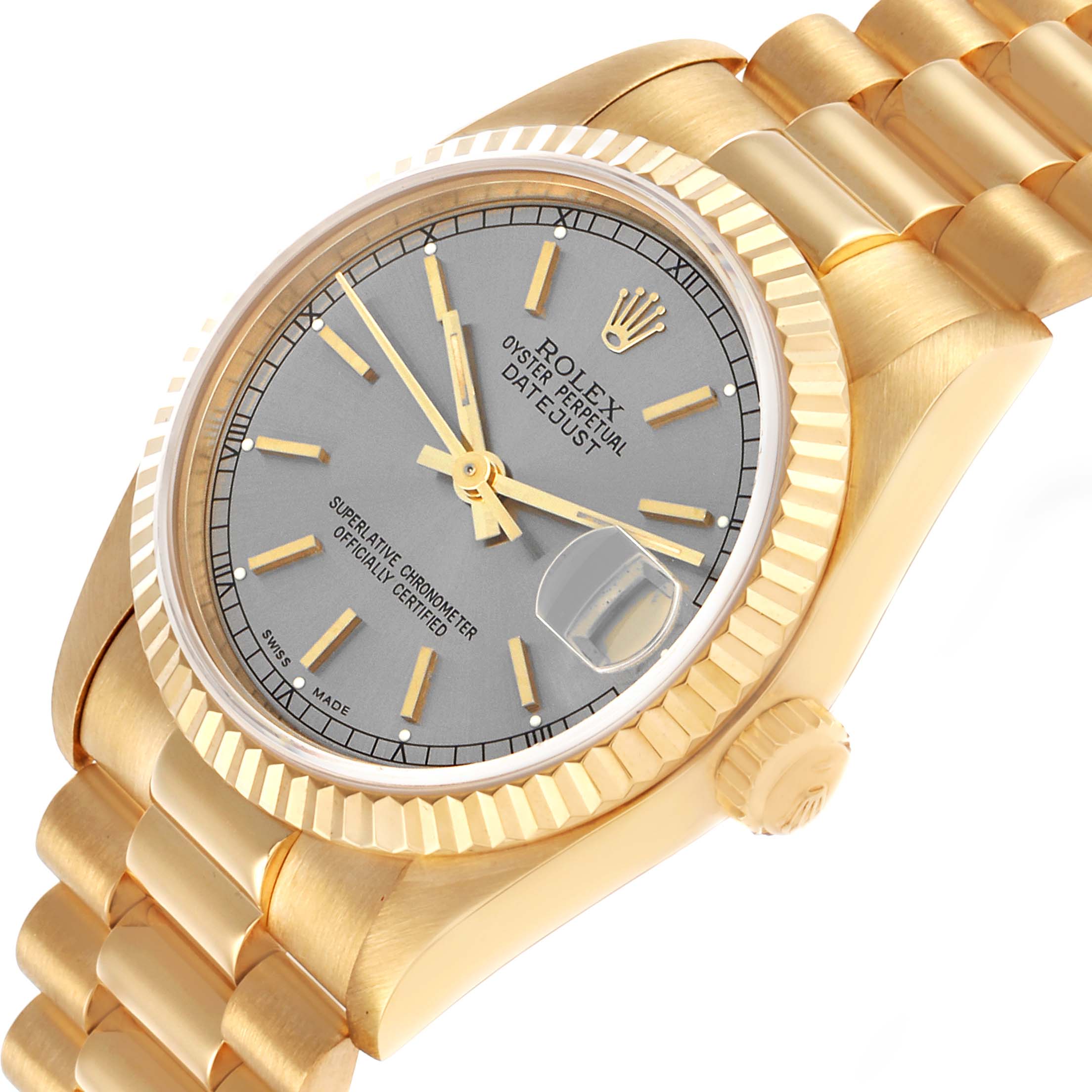 The Rolex President 68278 Women's Yellow Gold Silver Dial model is shown at a slight angle, highlighting the dial, fluted bezel, bracelet, and date magnifier.