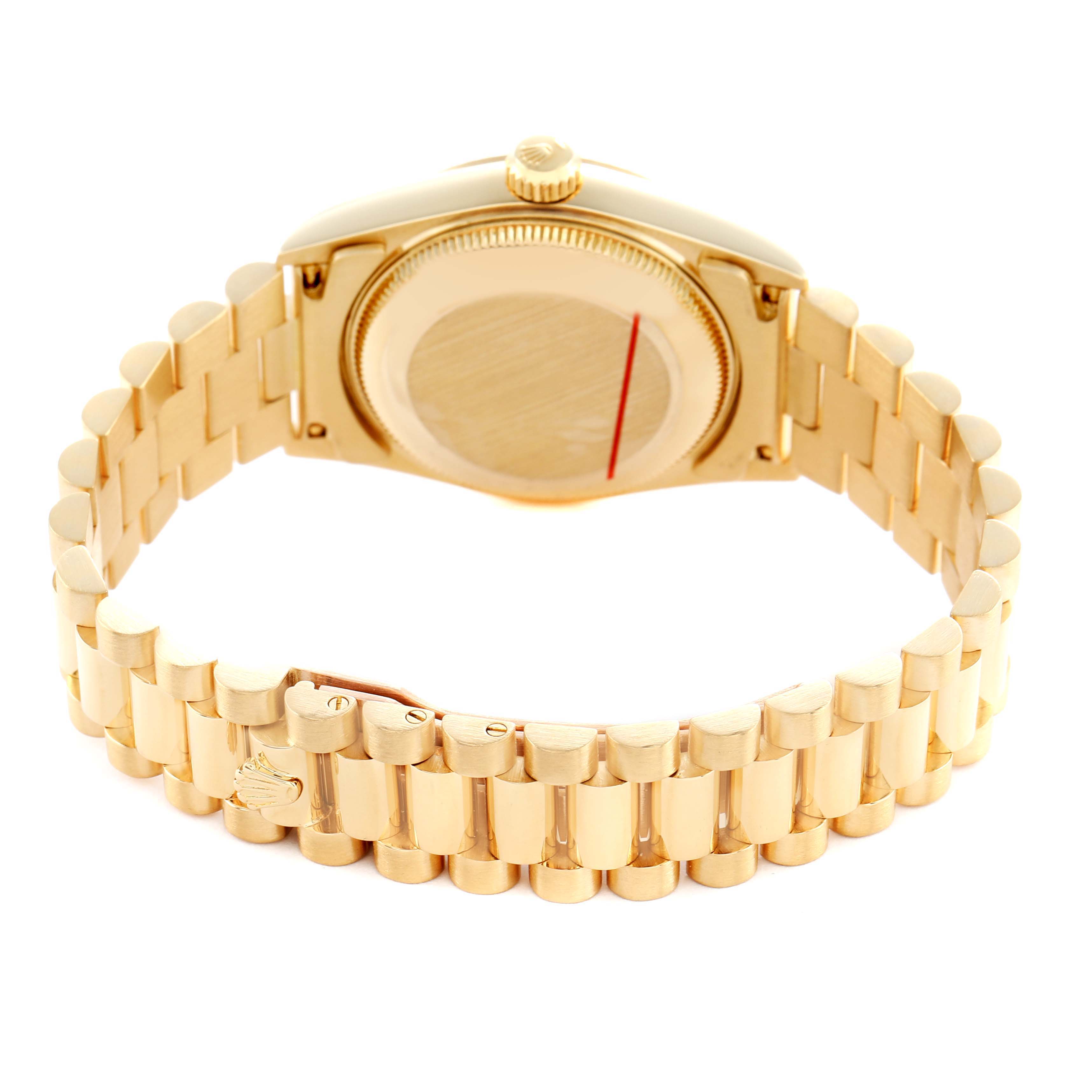 The image shows the back and bracelet of a Rolex President 68278 Women's Yellow Gold Silver Dial model watch, viewed from the rear angle.