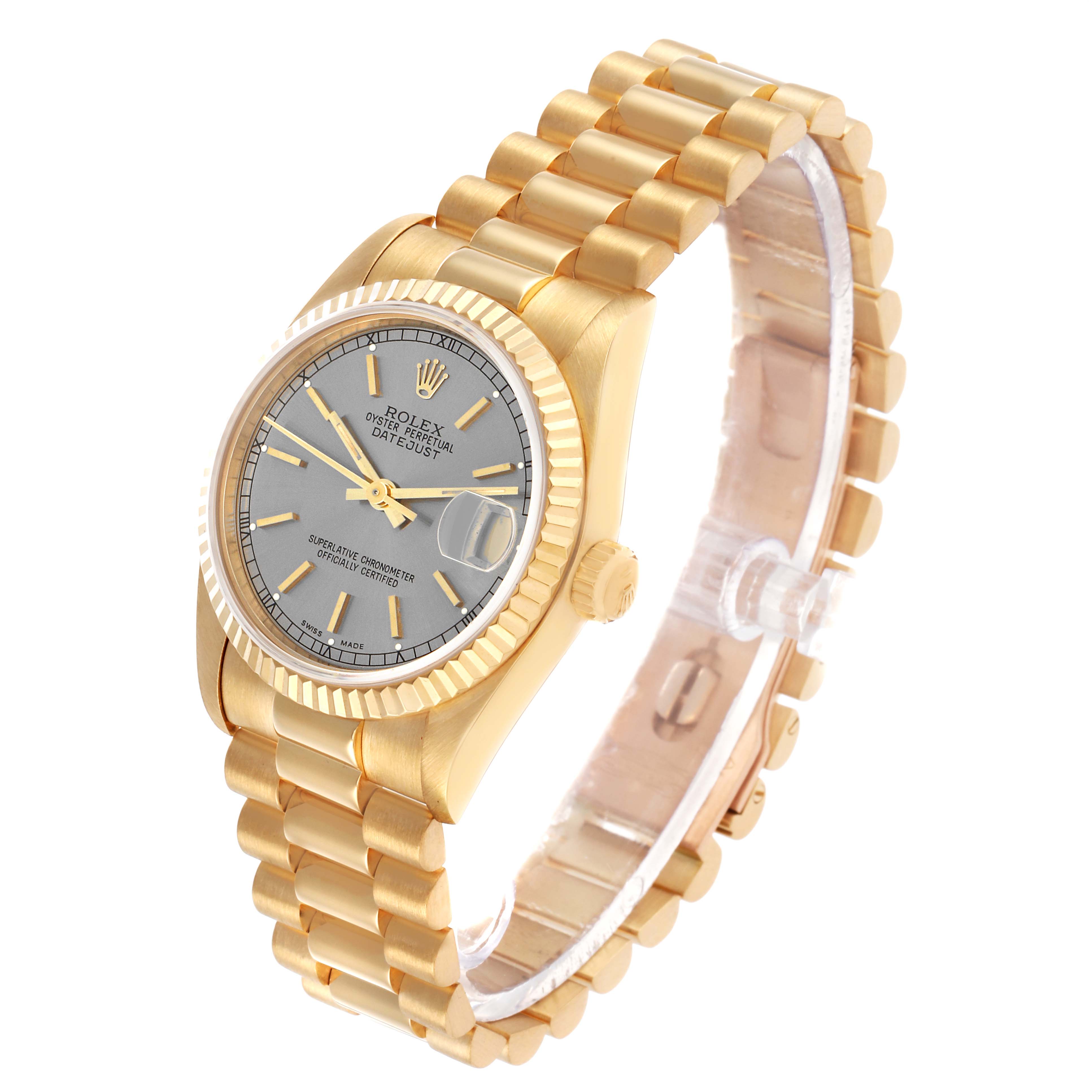 The Rolex President 68278 Women's Yellow Gold Silver Dial model watch is shown at a three-quarter angle, highlighting the bracelet, gold case, and gray dial.