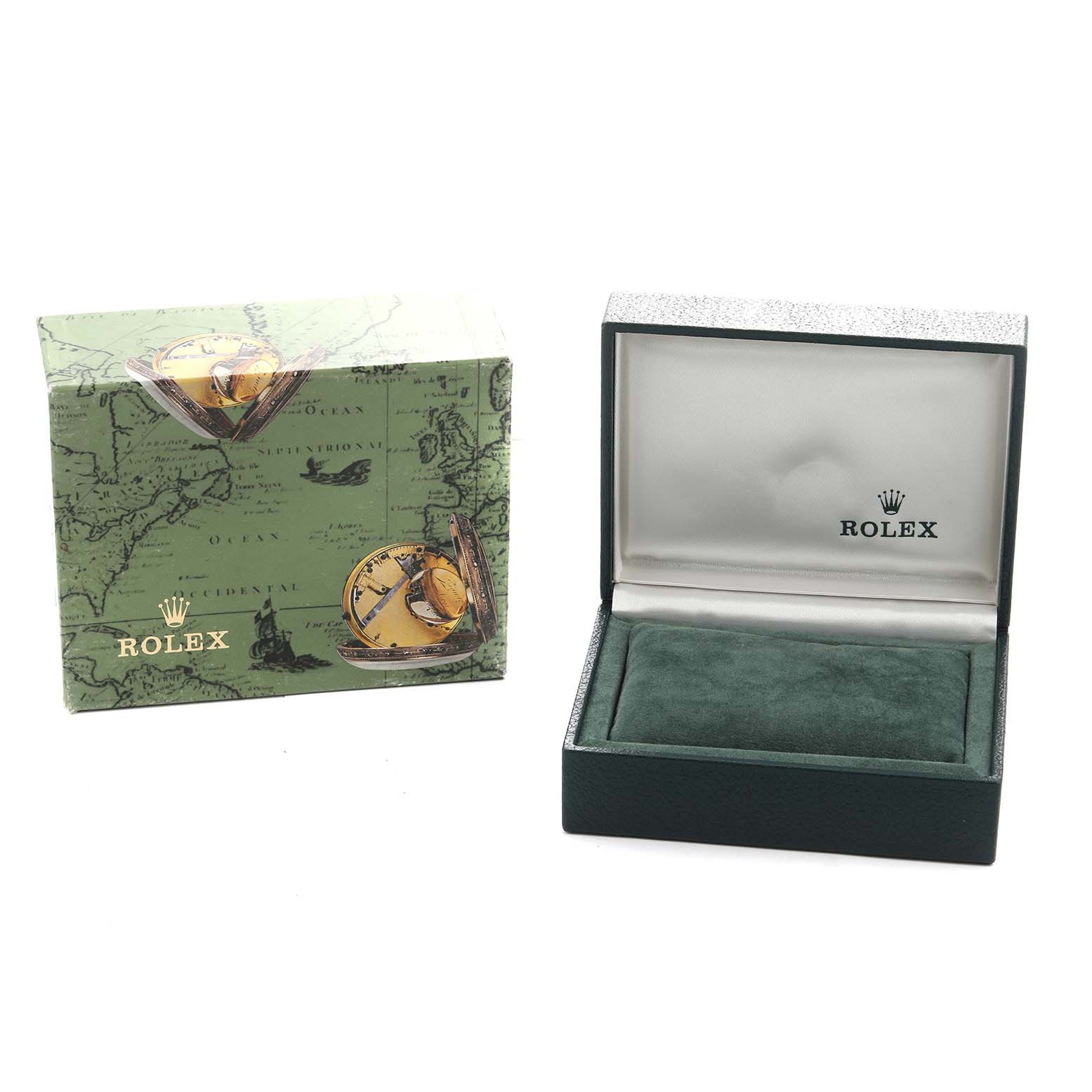 The image shows a Rolex President 68278 Women's Yellow Gold Silver Dial model box and outer packaging, with a partially open watch case.