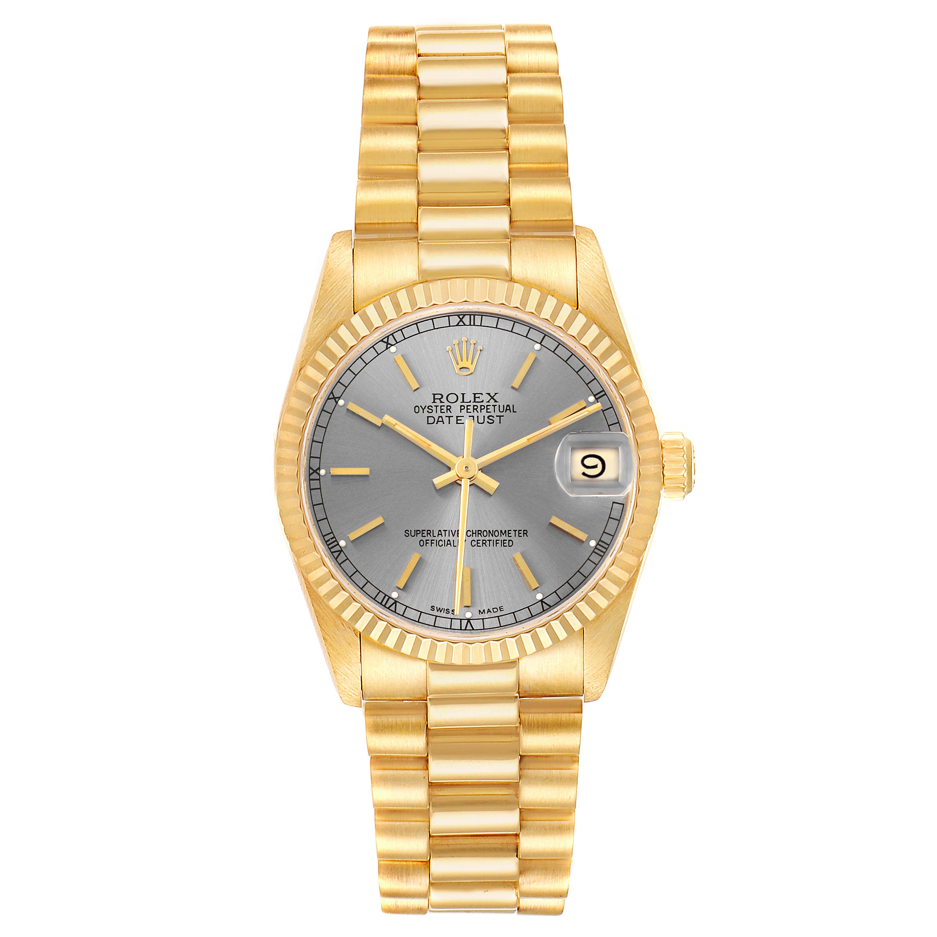 The Rolex President 68278 Women's Yellow Gold Silver Dial model watch is shown from a front view, displaying the gray dial, fluted bezel, and gold bracelet.