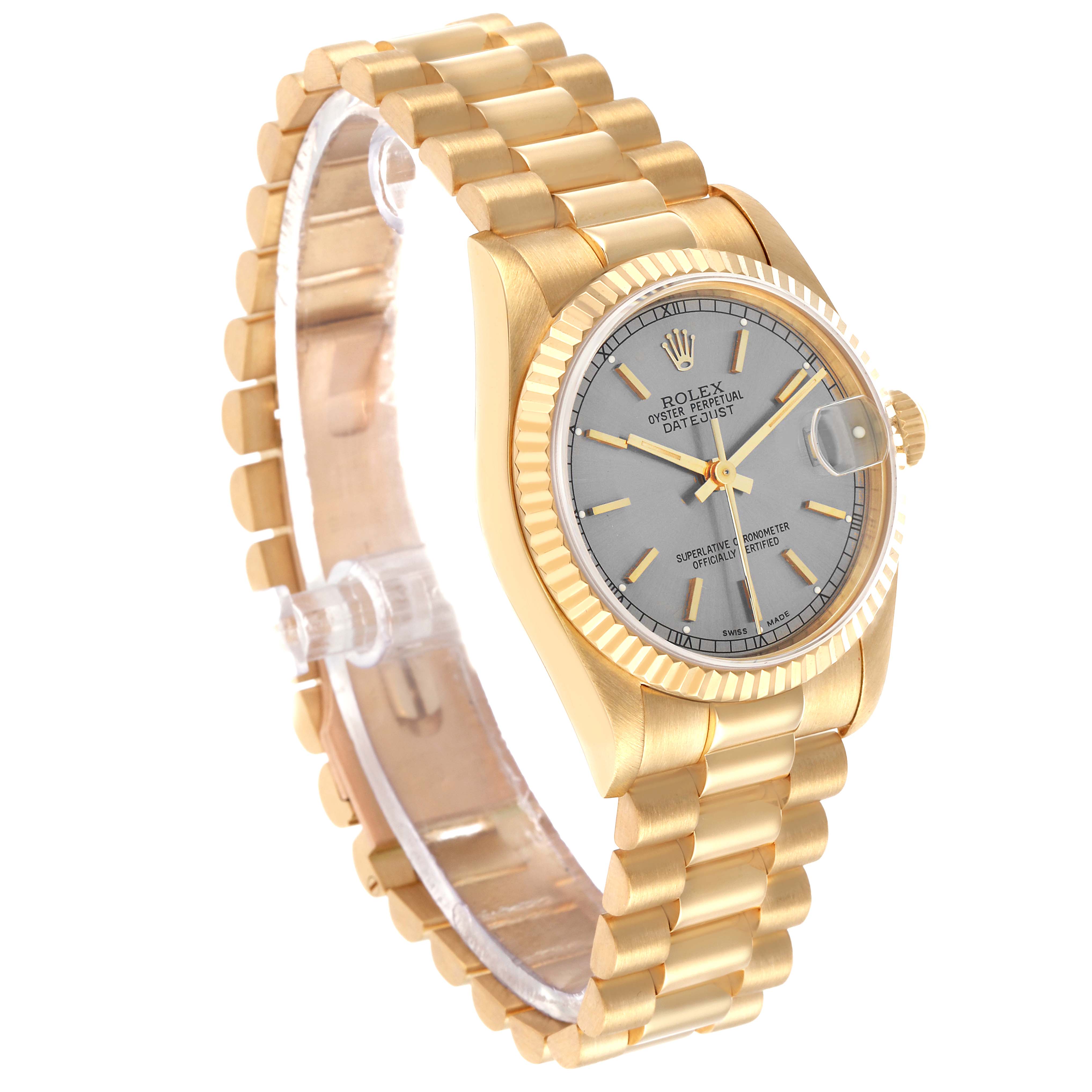 The Rolex President 68278 Women's Yellow Gold Silver Dial model watch is angled to show its face, bezel, bracelet, and side details.