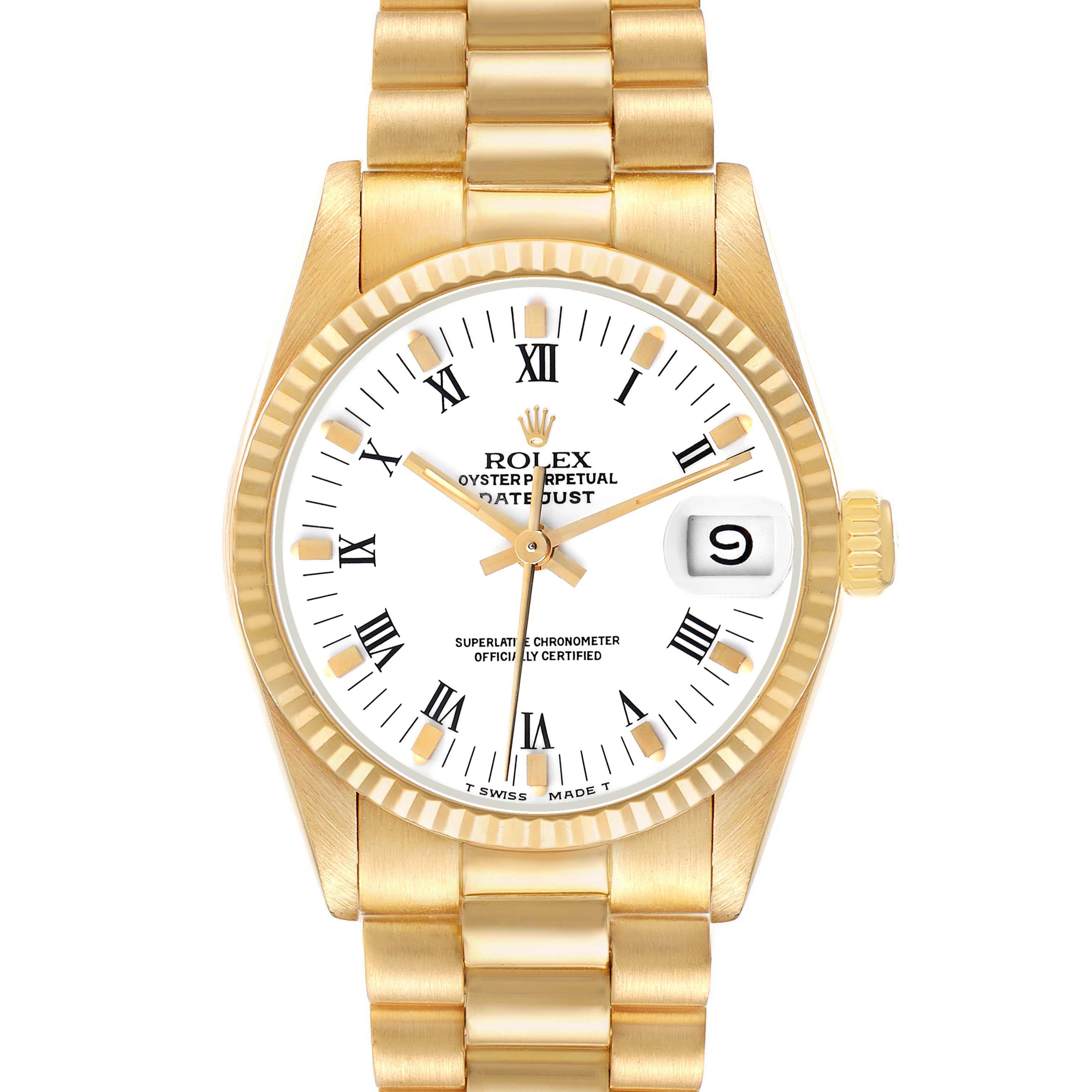 The Rolex President 68278 Women's Yellow Gold White Dial watch is shown from a front angle, highlighting the dial, bezel, and bracelet.