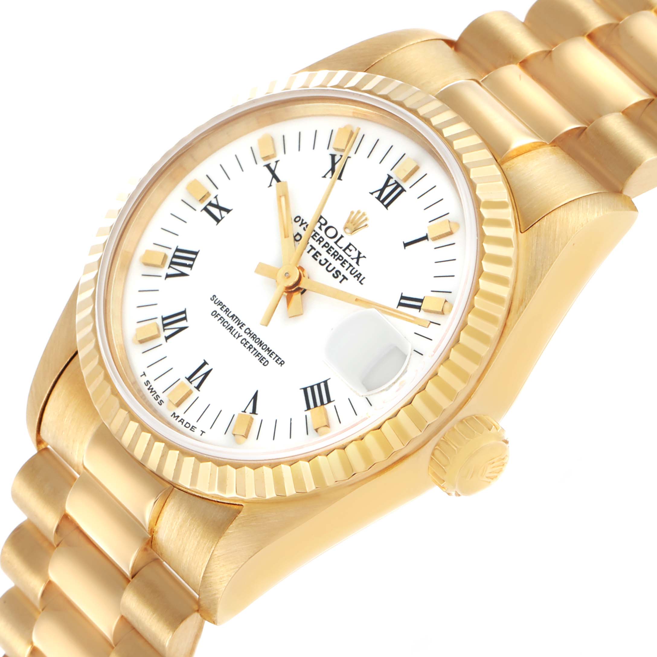 The Rolex President 68278 Women's Yellow Gold White Dial watch is shown at a slight angle, displaying the dial, fluted bezel, crown, and part of the bracelet.