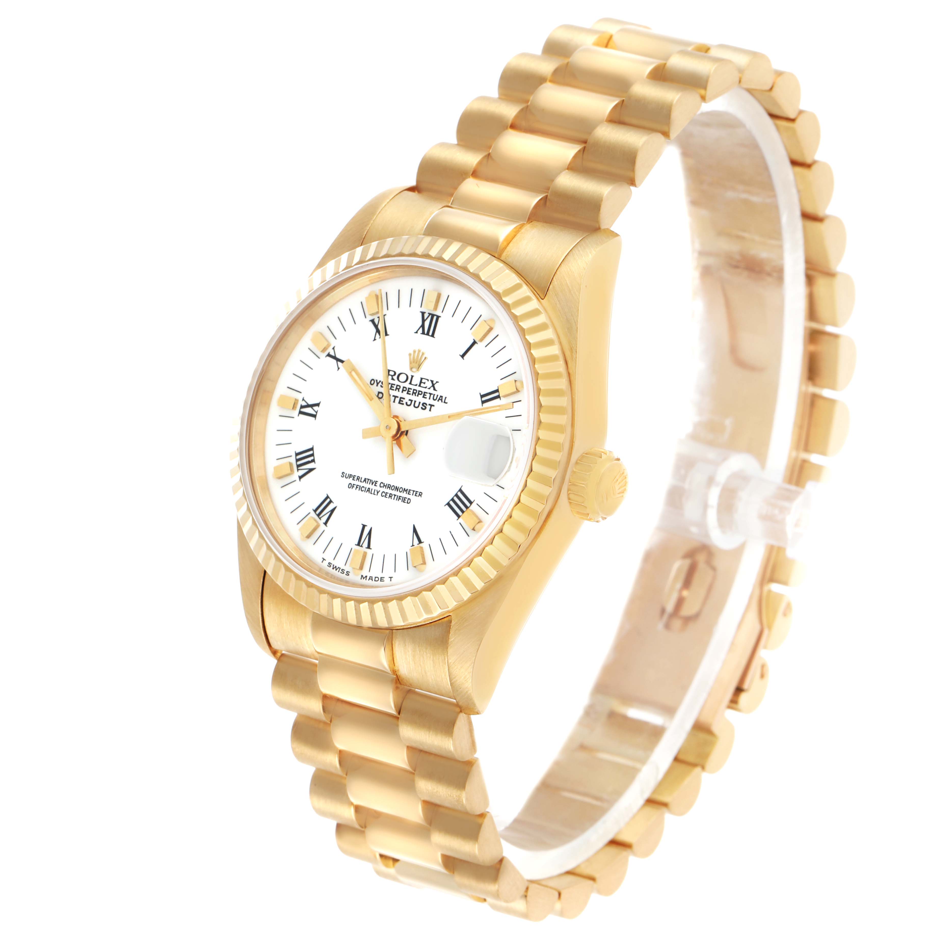 The Rolex President 68278 Women's Yellow Gold White Dial watch is shown at a three-quarter angle, highlighting the face, bezel, crown, and bracelet.