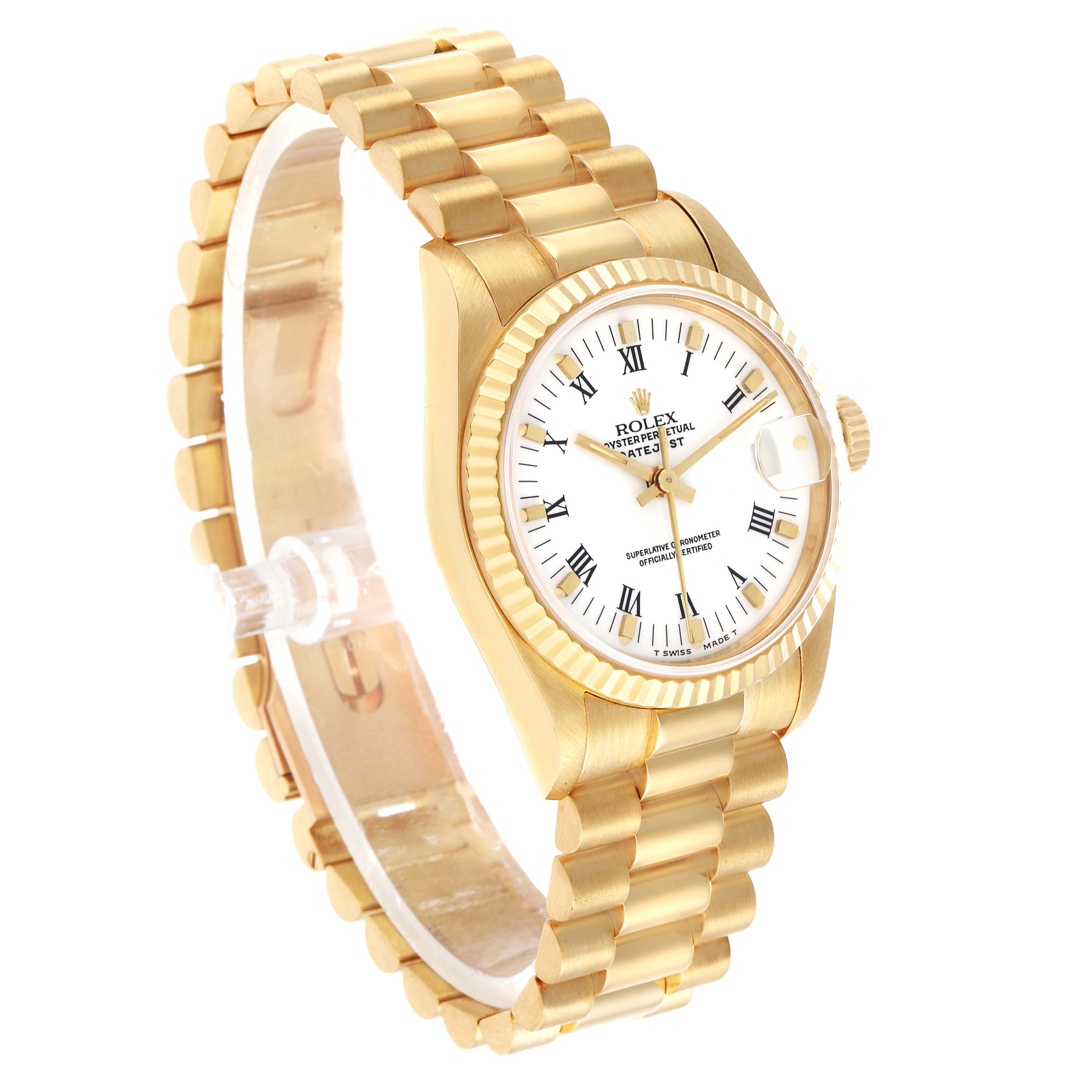 The Rolex President 68278 Women's Yellow Gold White Dial model watch is shown at a three-quarter angle, displaying its gold bracelet, fluted bezel, and white dial.