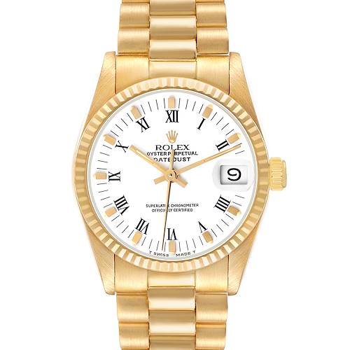 The Rolex President 68278 Women's Yellow Gold White Dial model is shown from a front angle, displaying its gold band, white dial with Roman numerals, and date window.