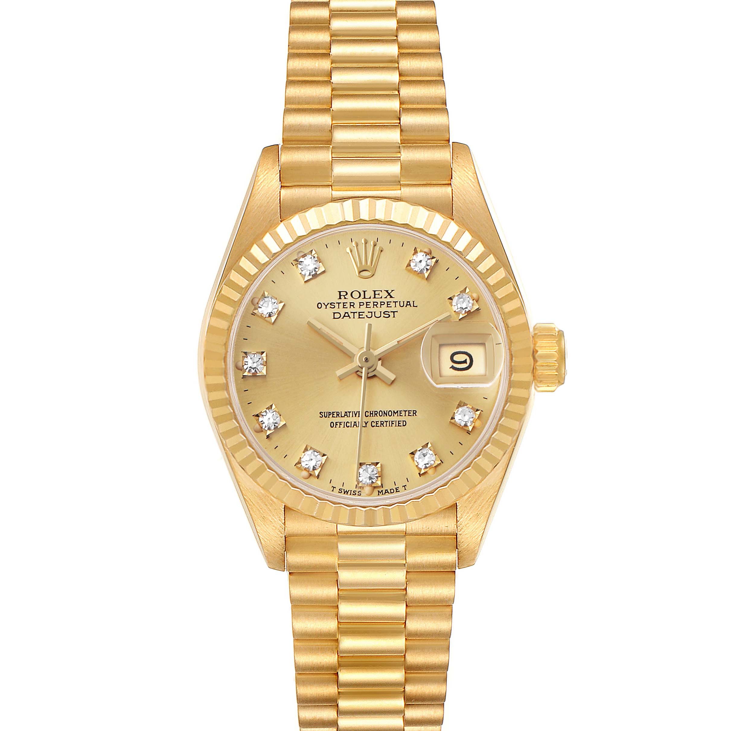 The image shows a frontal view of the Rolex President 69178 Women's Yellow Gold Champagne Dial model, featuring its gold bracelet, diamond markers, and date window.