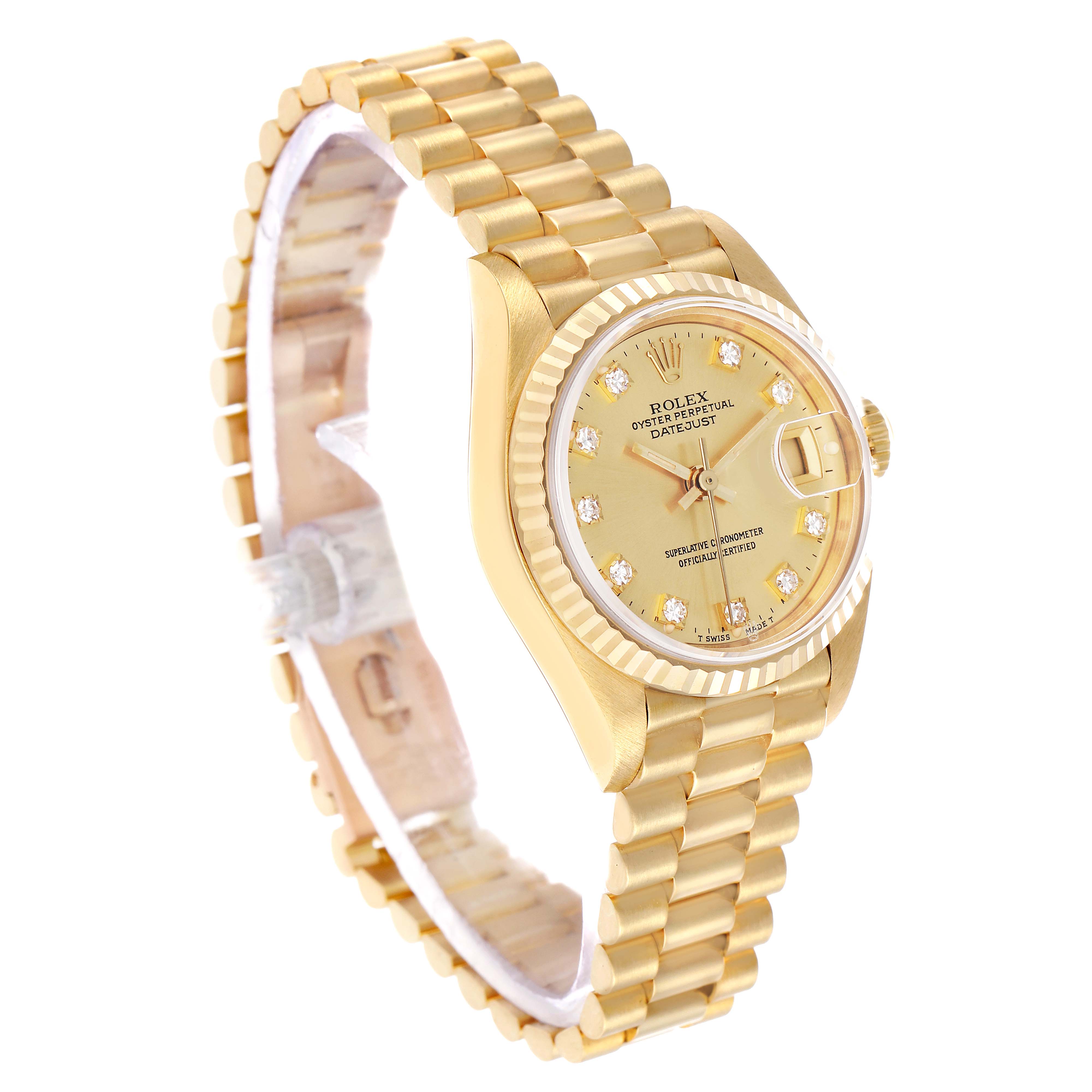 The Rolex President 69178 Women's Yellow Gold Champagne Dial model watch is shown at a three-quarter angle, displaying the gold case, fluted bezel, dial, and bracelet.