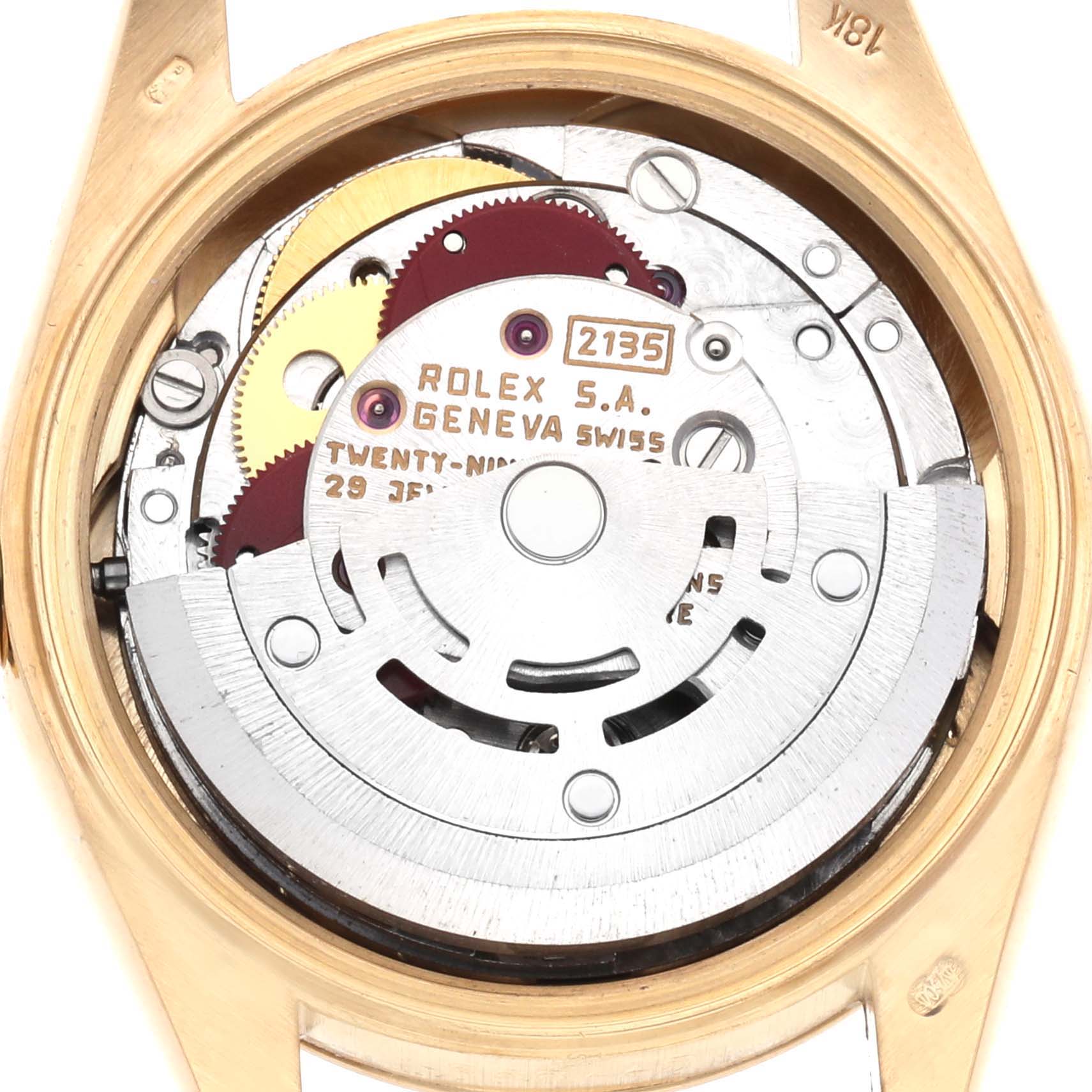 The image shows the movement mechanism inside a Rolex President 69178 Women's Yellow Gold Champagne Dial model from a top-down angle.