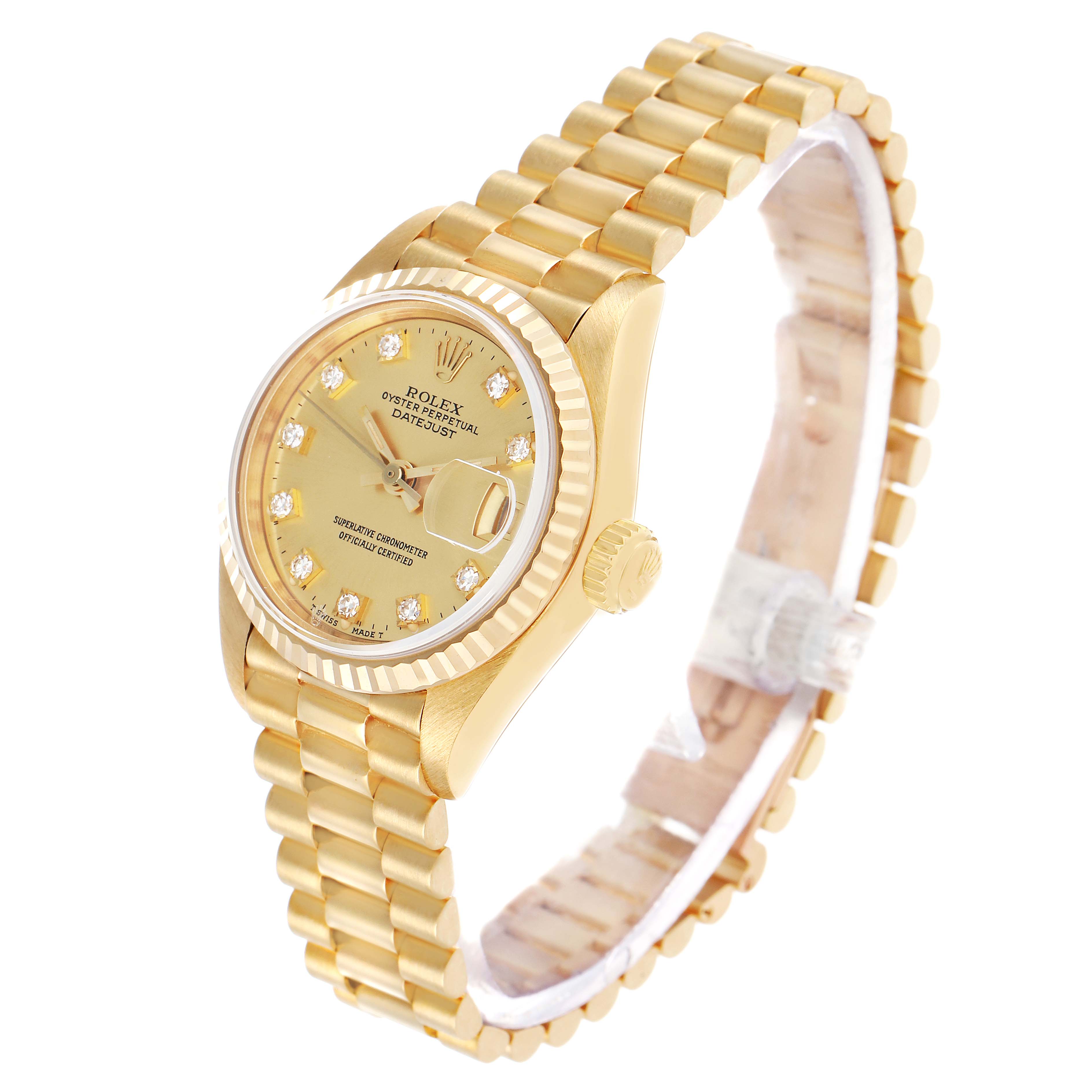 The Rolex President 69178 Women's Yellow Gold Champagne Dial model is shown at an angle highlighting the dial, bezel, crown, and bracelet.