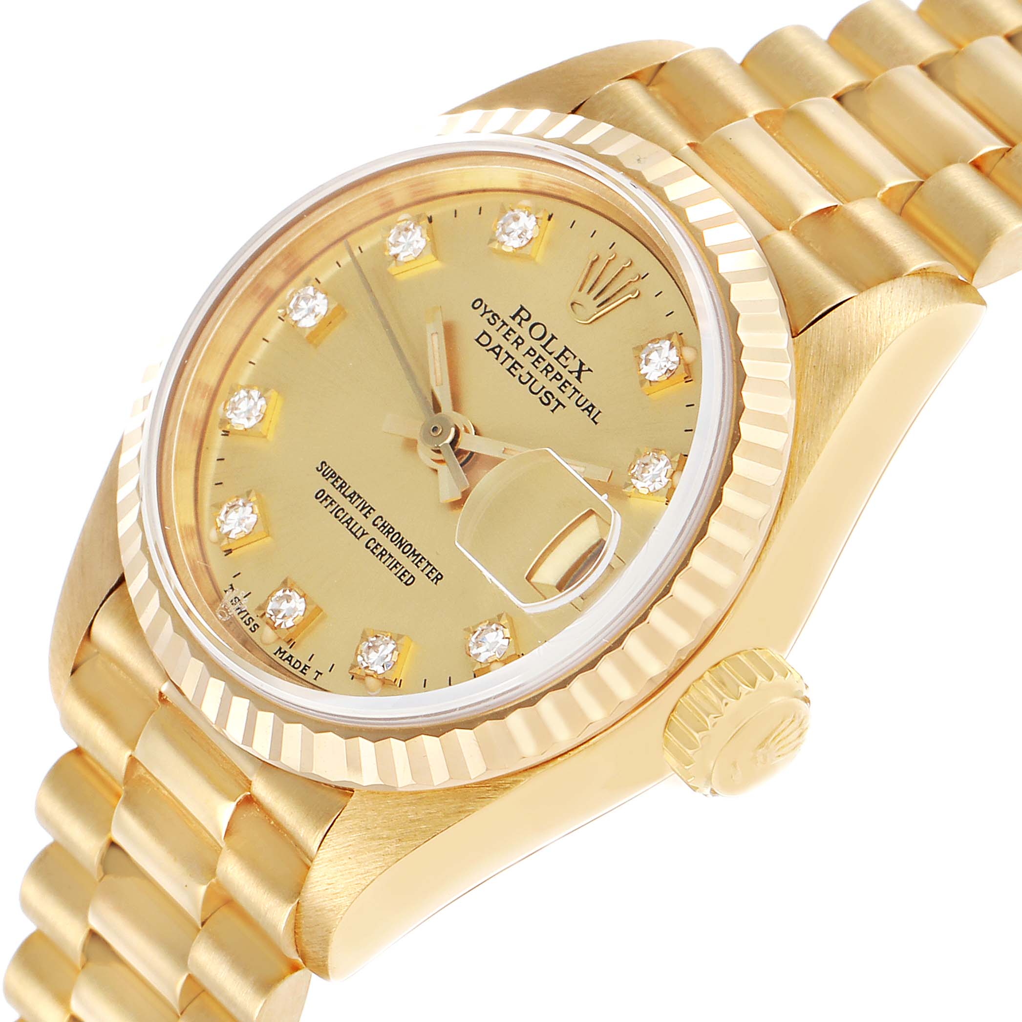 This Rolex President 69178 Women's Yellow Gold Champagne Dial model is shown at an angle highlighting the dial, fluted bezel, and bracelet.