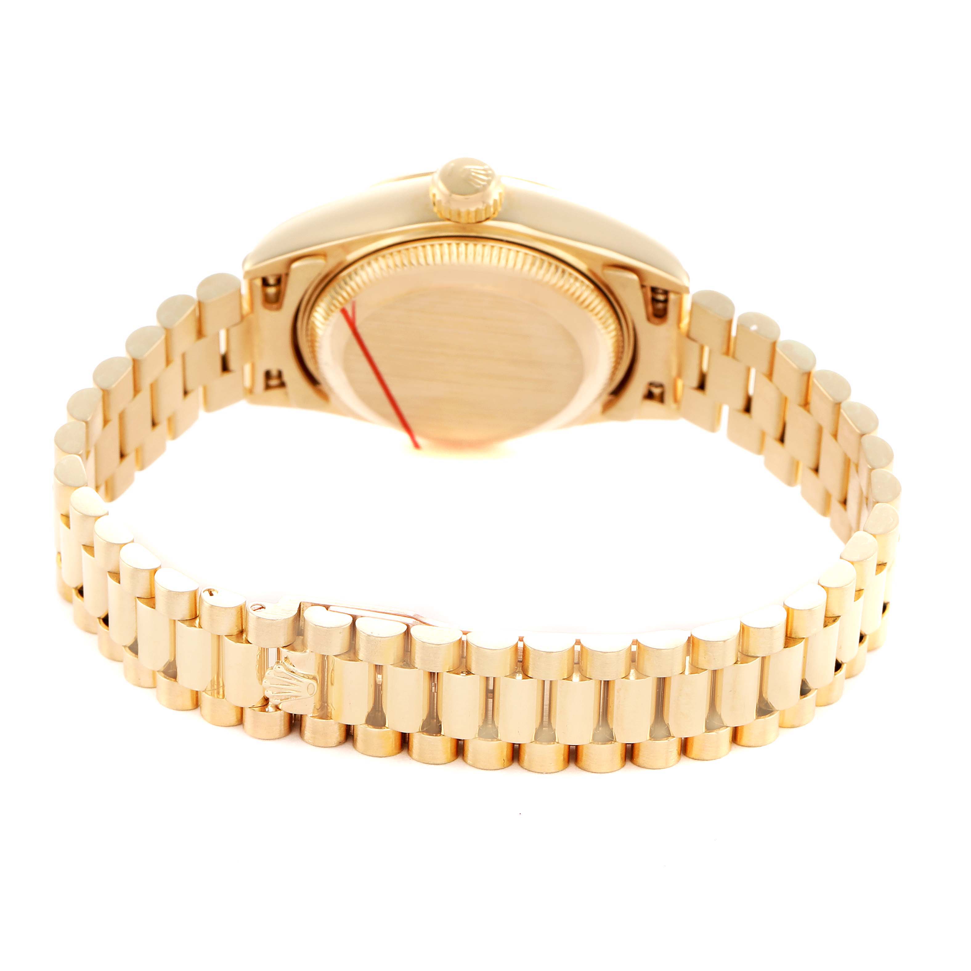 The image shows the back and bracelet of the Rolex President 69178 Women's Yellow Gold Champagne Dial model watch at a slight side angle.