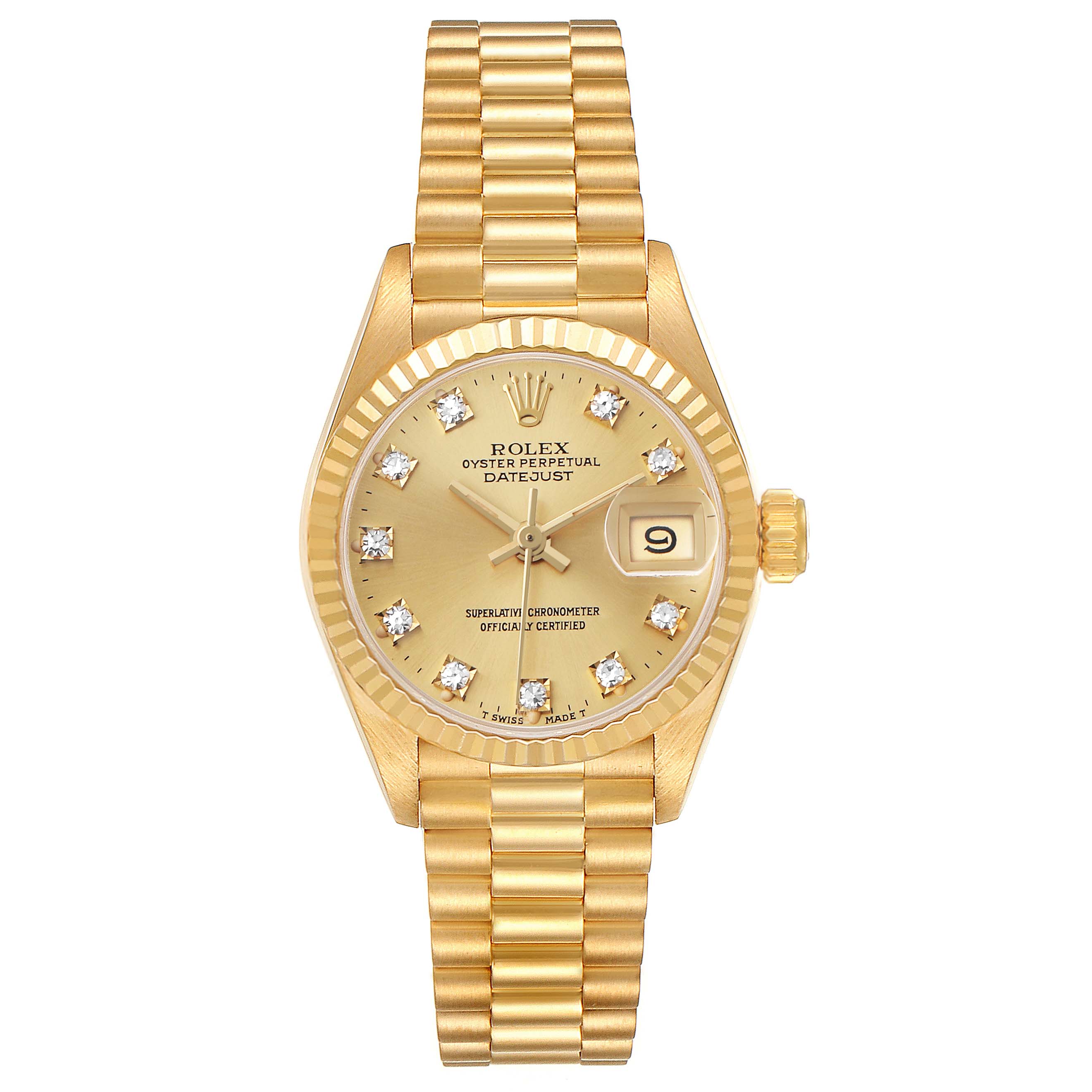 The Rolex President 69178 Women's Yellow Gold Champagne Dial model is shown from a top-down angle, displaying the dial, bezel, and bracelet.