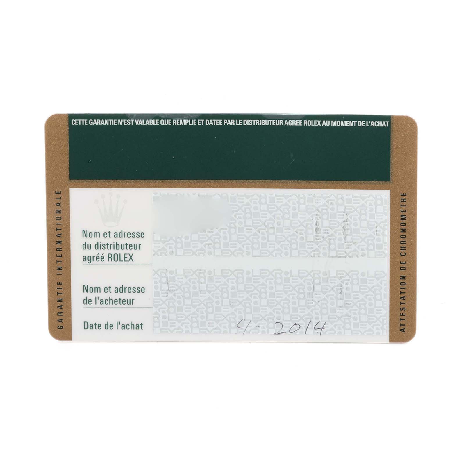 The image shows the guarantee card for a Rolex President 118388 Men's Yellow Gold Champagne Dial 118388 Men's Yellow Gold Champagne Dial model, displaying warranty and purchase details.