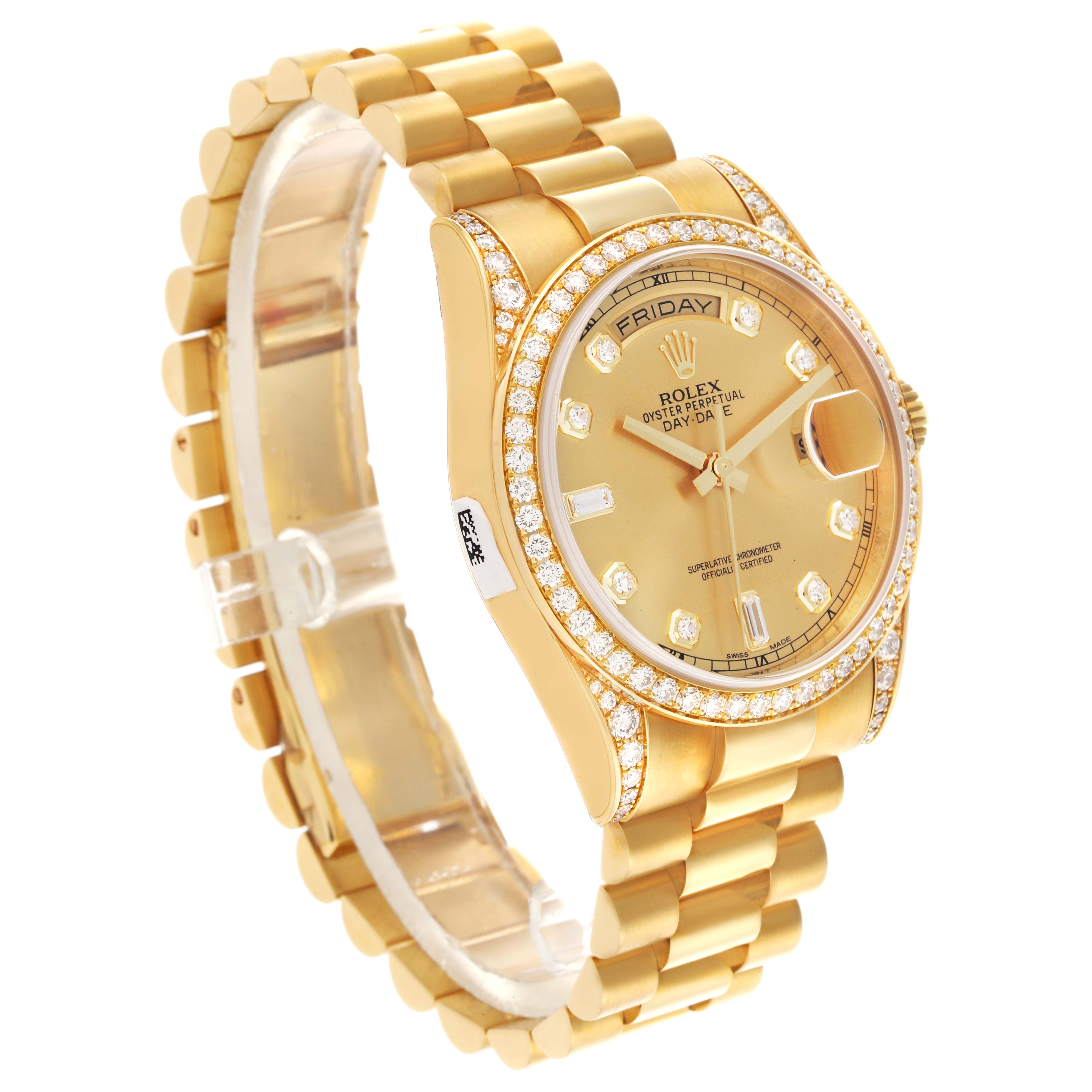 The Rolex President 118388 Men's Yellow Gold Champagne Dial 118388 Men's Yellow Gold Champagne Dial watch is shown at an angled side view, displaying the face, bezel, and bracelet.