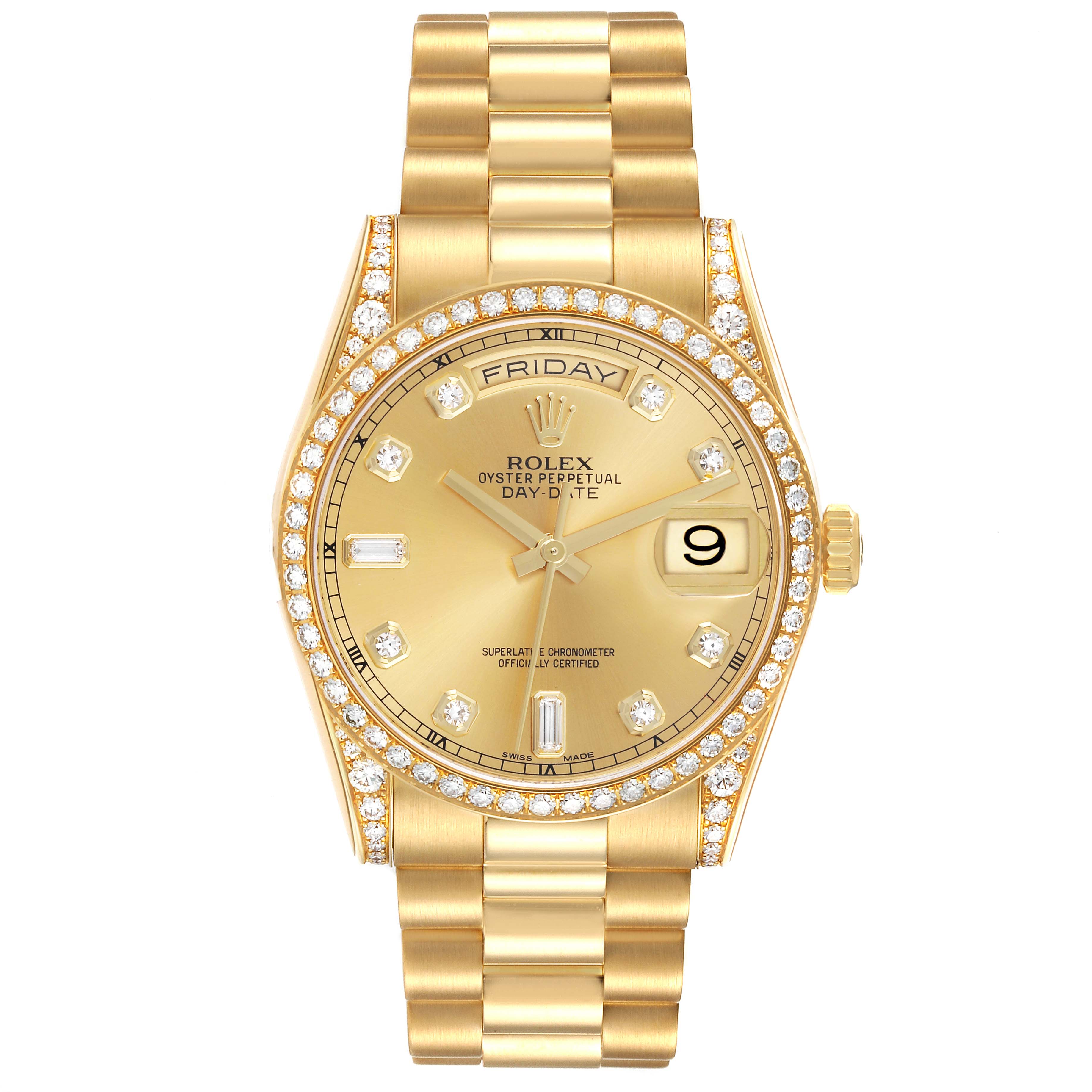 The Rolex President 118388 Men's Yellow Gold Champagne Dial 118388 Men's Yellow Gold Champagne Dial model is shown from the front, displaying the dial, bezel, and bracelet.