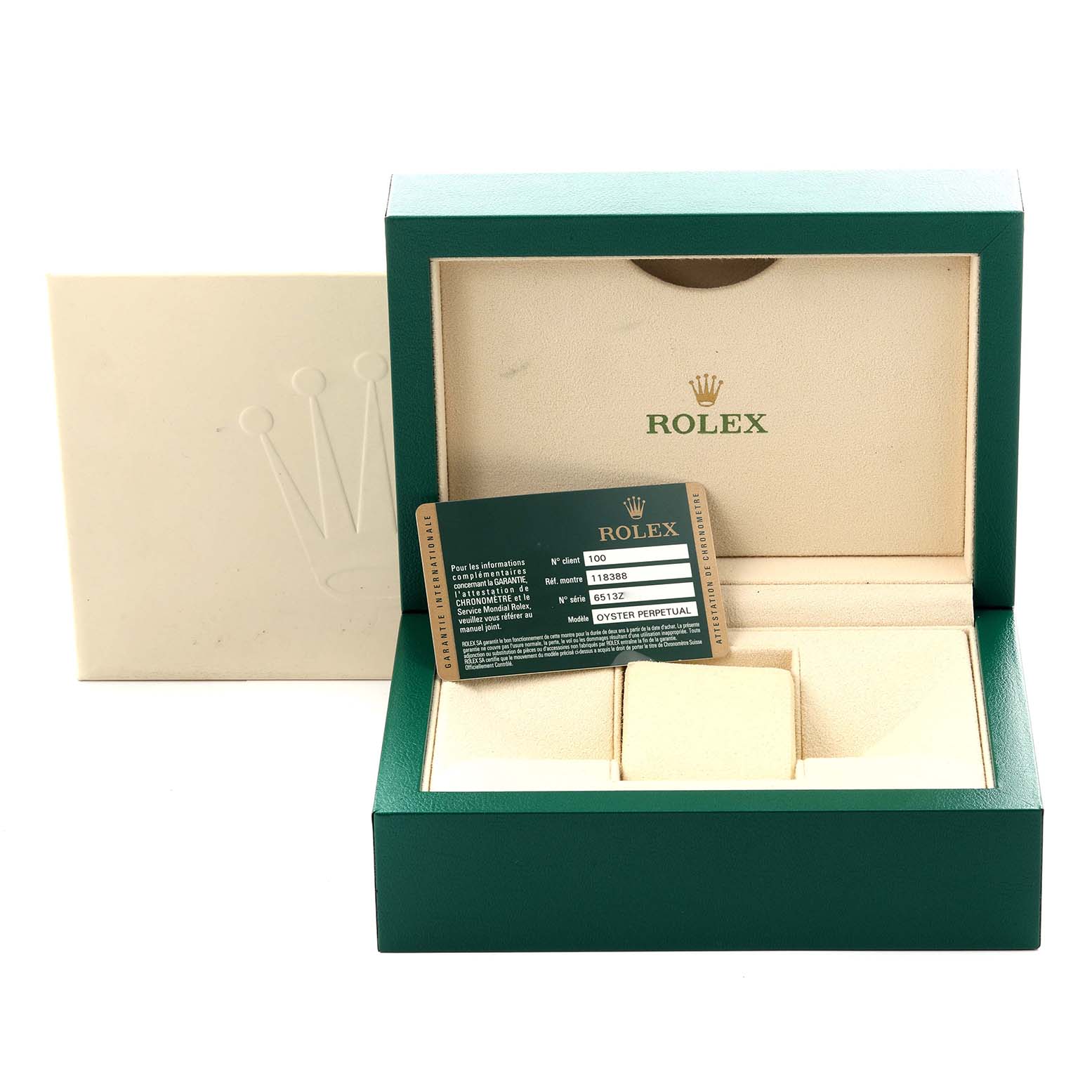 The image shows a Rolex President 118388 Men's Yellow Gold Champagne Dial 118388 Men's Yellow Gold Champagne Dial model watch box and authenticity card, viewed from the front.